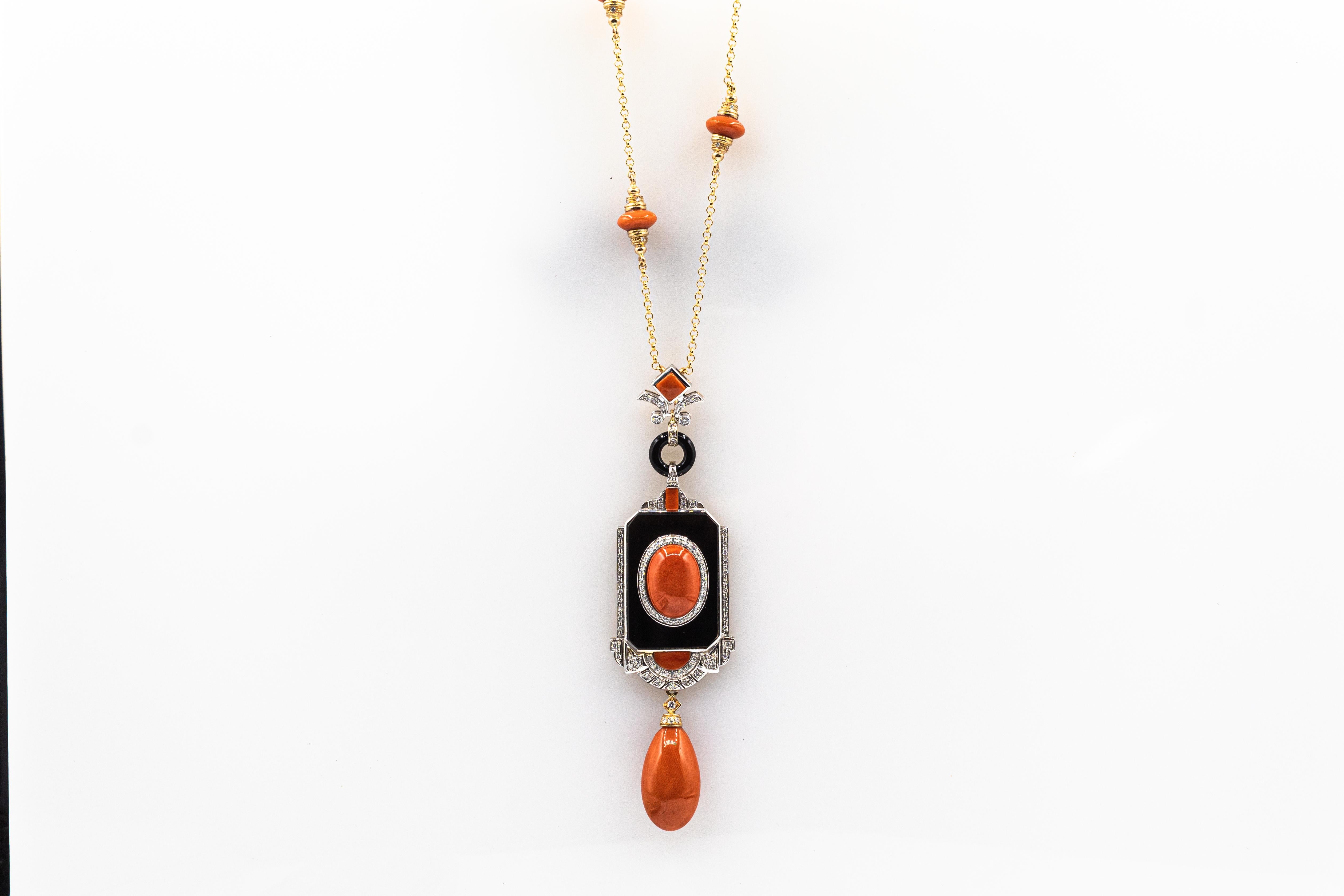 Art Deco Style Mediterranean Red Coral White Diamond Onyx Yellow Gold Necklace For Sale 2