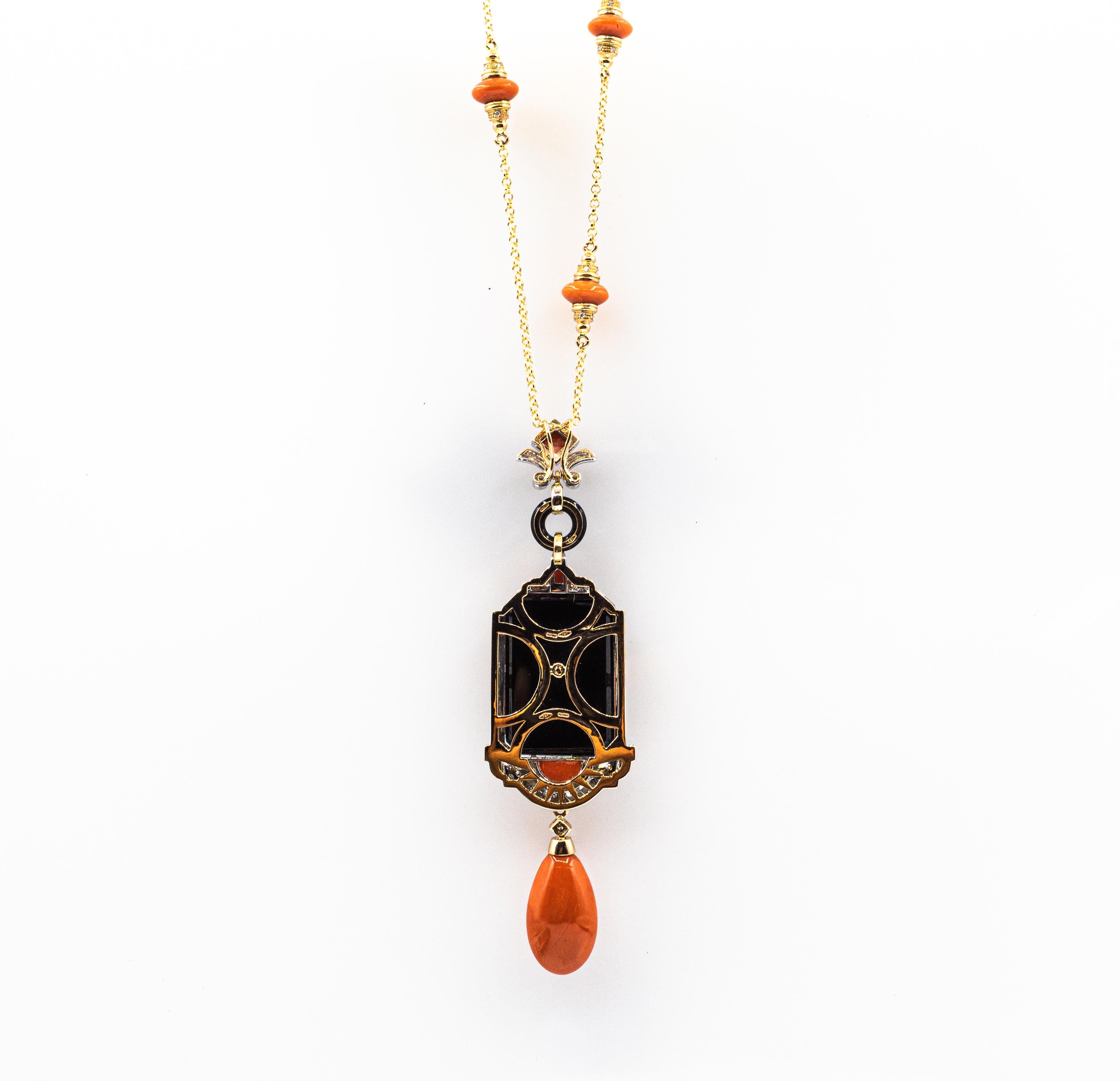 Art Deco Style Mediterranean Red Coral White Diamond Onyx Yellow Gold Necklace For Sale 3