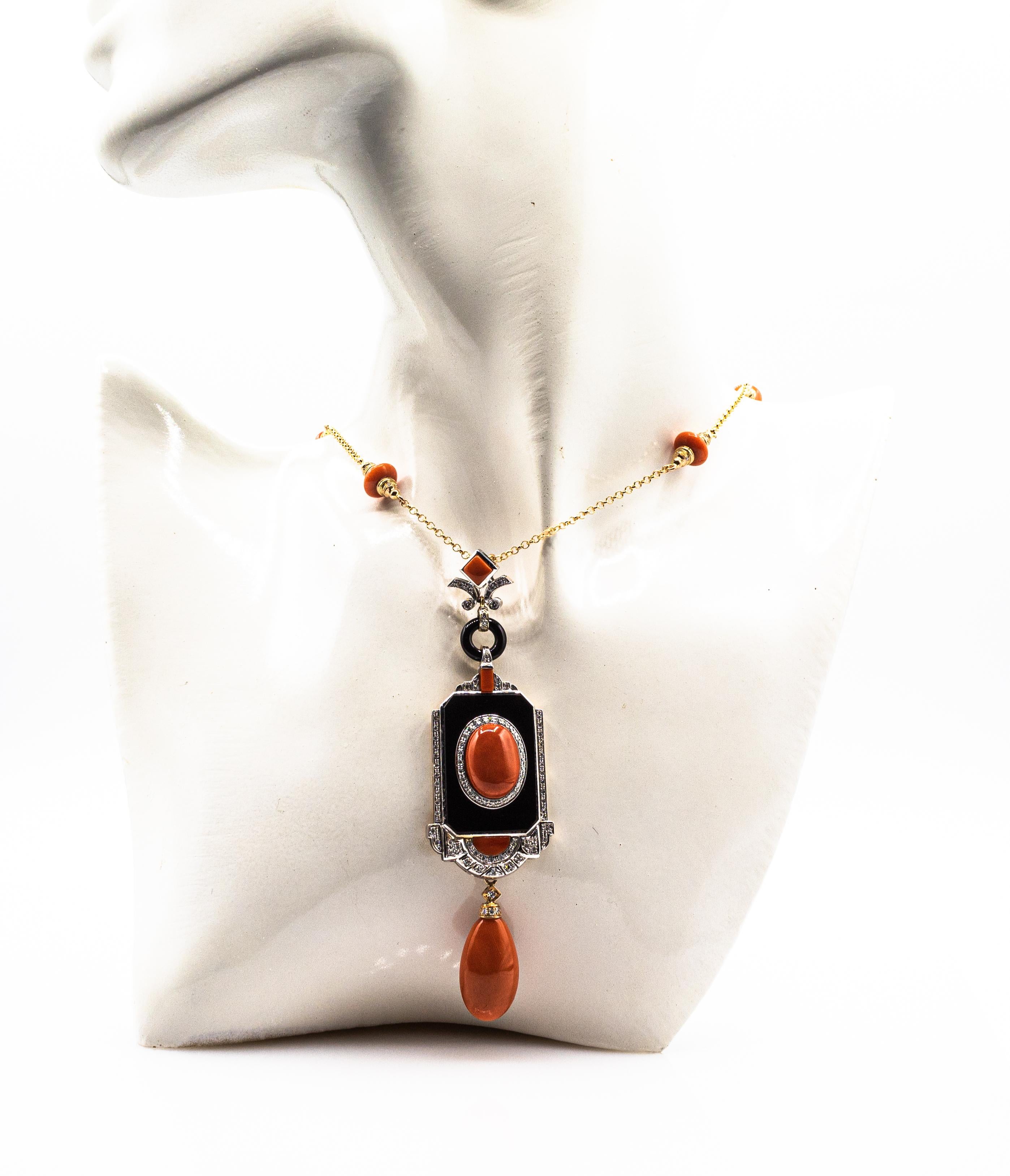 Art Deco Style Mediterranean Red Coral White Diamond Onyx Yellow Gold Necklace For Sale 4
