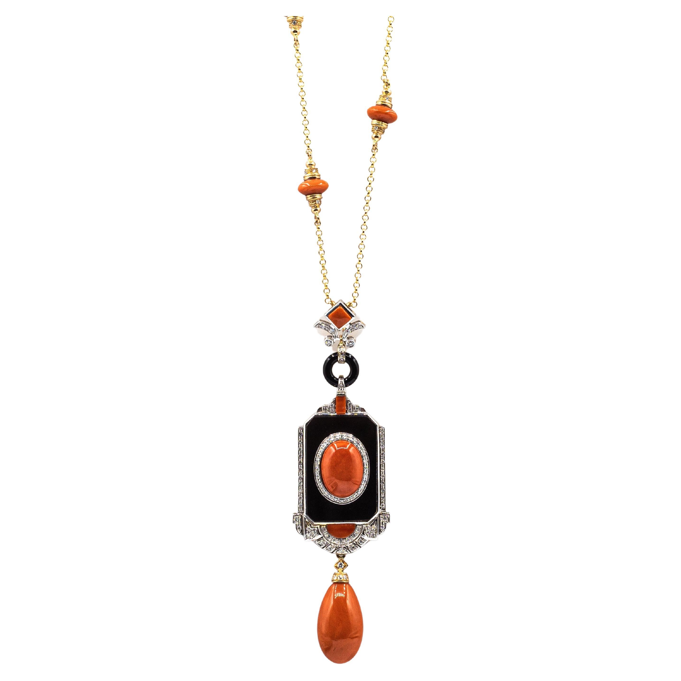 Art Deco Style Mediterranean Red Coral White Diamond Onyx Yellow Gold Necklace For Sale