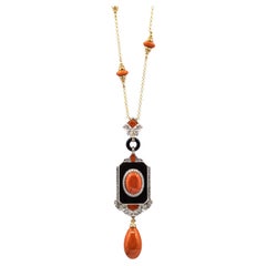 Art Deco Style Mediterranean Red Coral White Diamond Onyx Yellow Gold Necklace