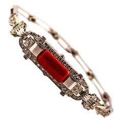 Art Deco Style Mediterranean Red Coral White Diamond White Gold Bracelet