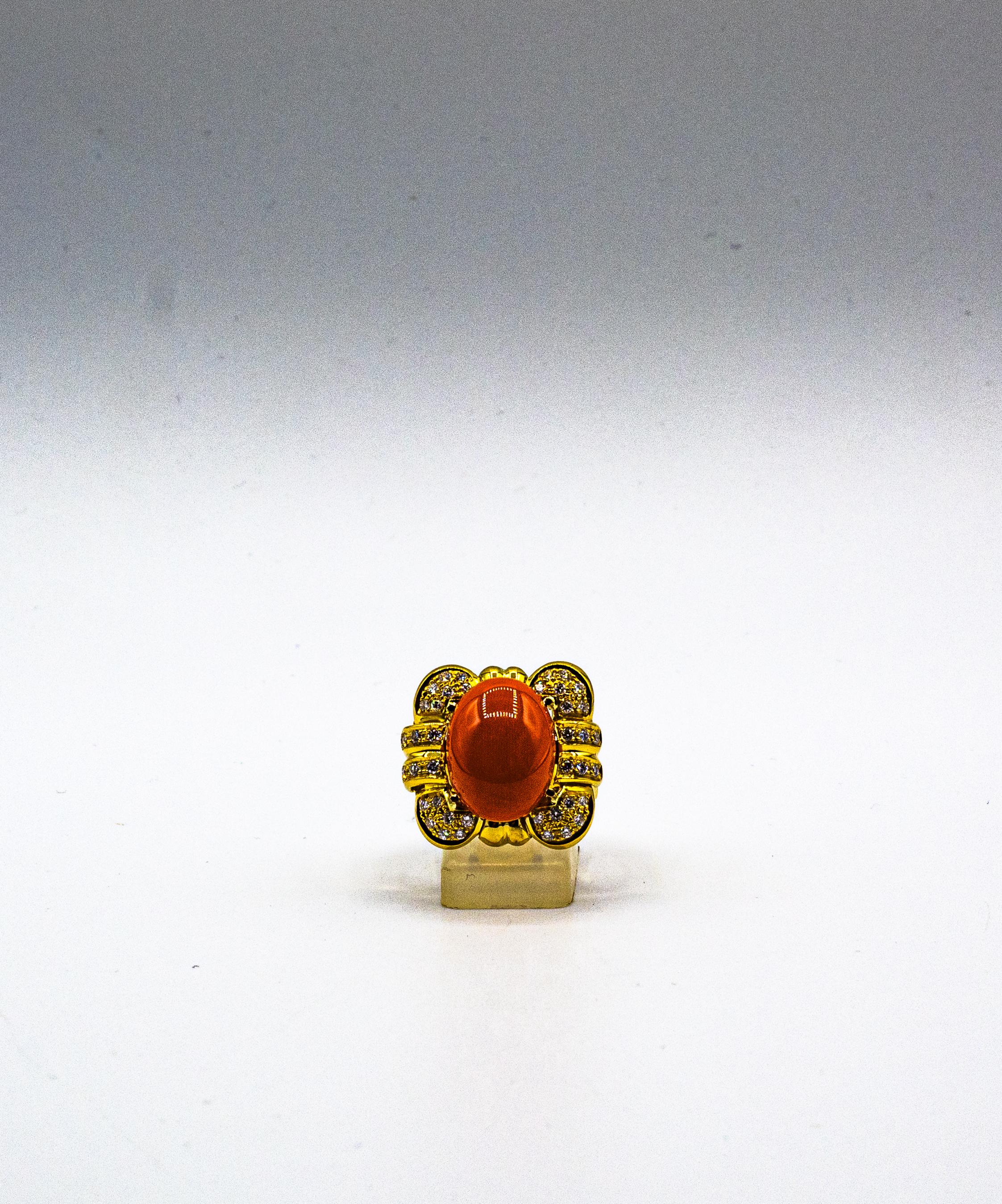 Art Deco Style Mediterranean Red Coral White Diamond Yellow Gold Cocktail Ring For Sale 5