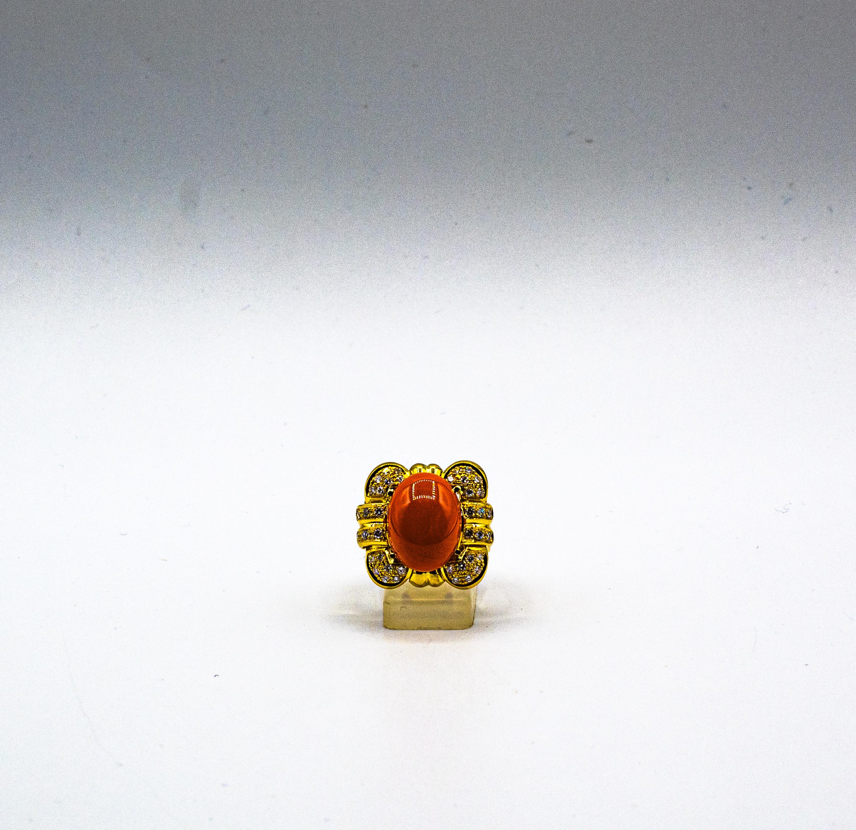 Art Deco Style Mediterranean Red Coral White Diamond Yellow Gold Cocktail Ring For Sale 6
