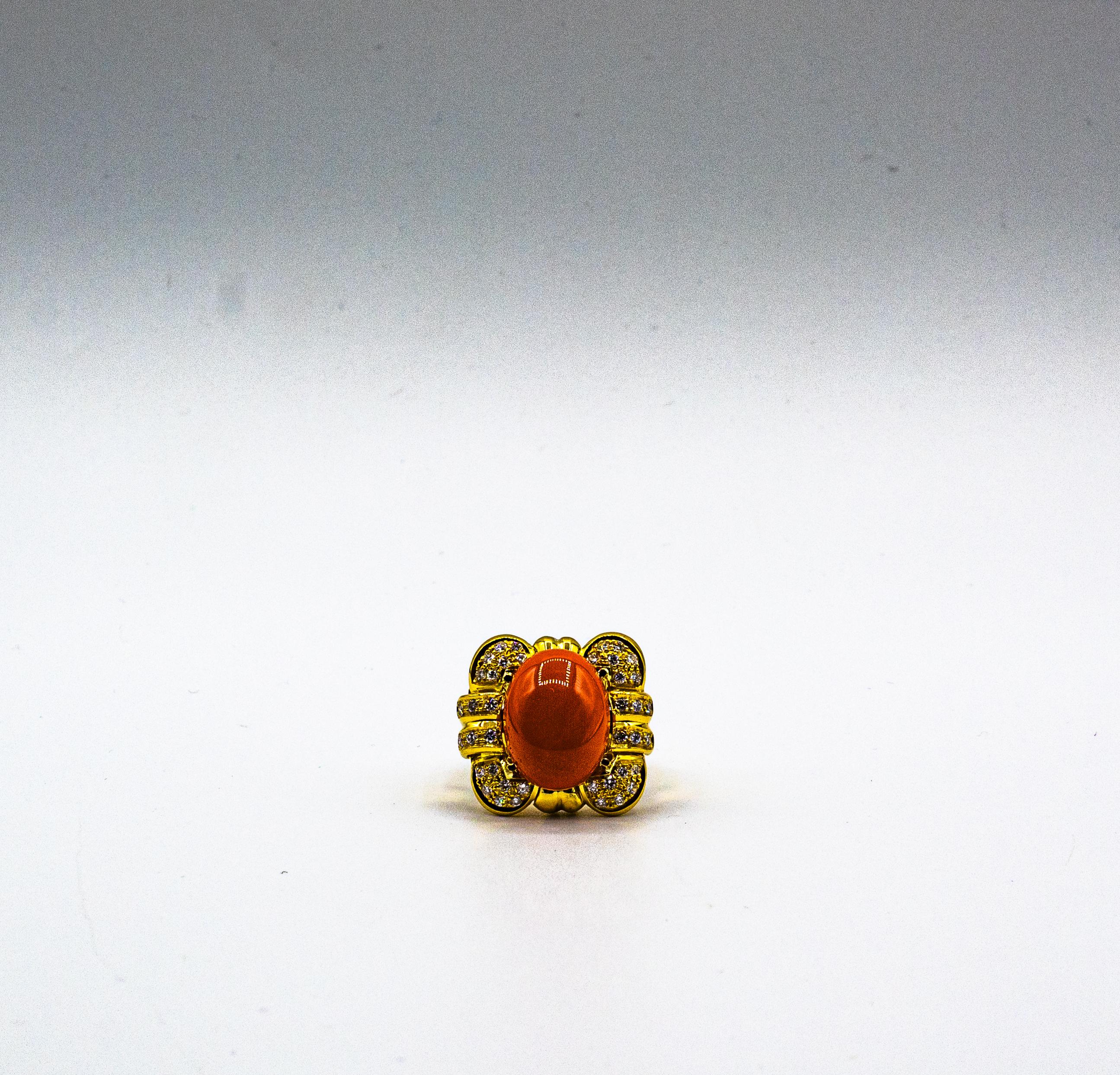 Art Deco Style Mediterranean Red Coral White Diamond Yellow Gold Cocktail Ring For Sale 9