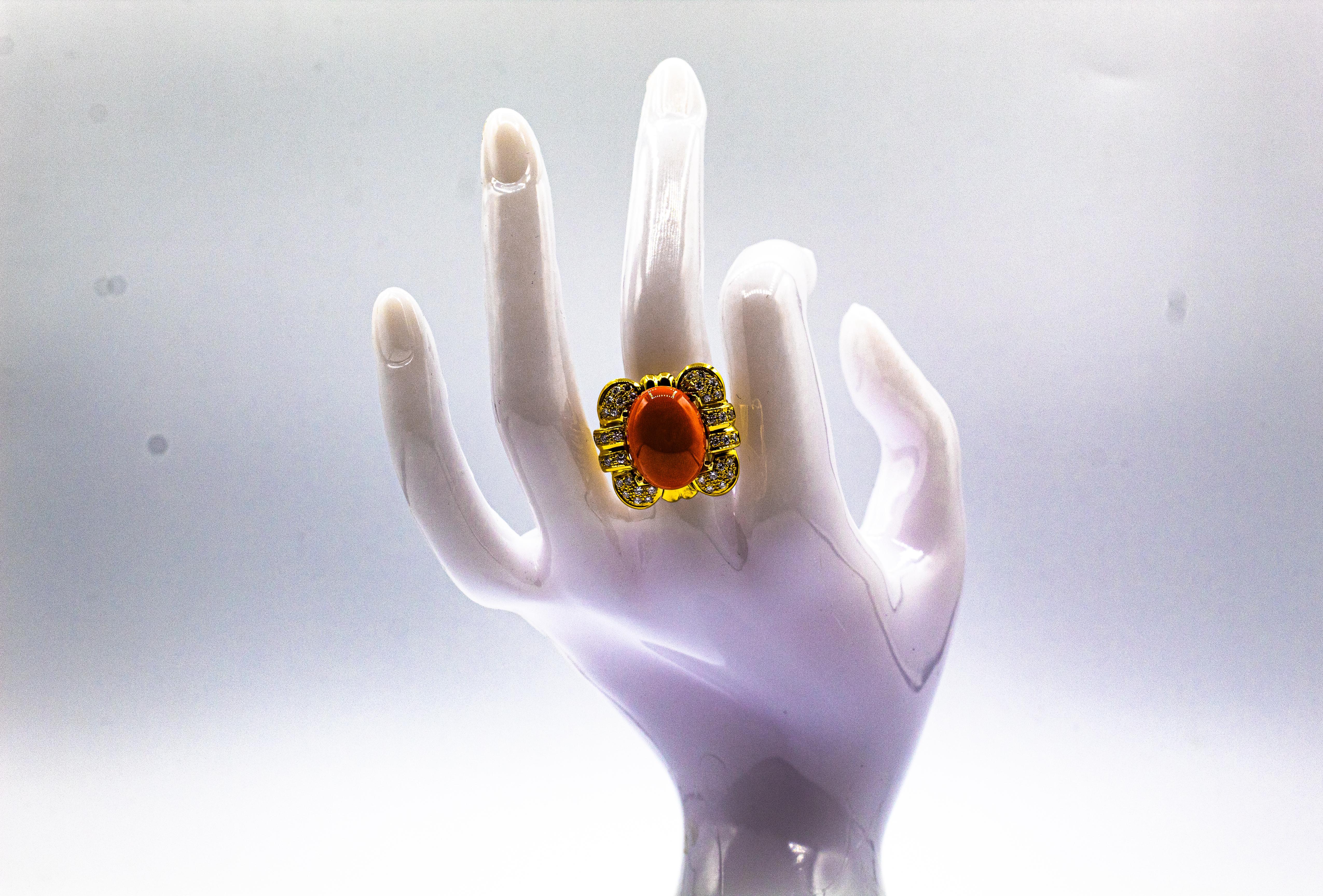 Art Deco Style Mediterranean Red Coral White Diamond Yellow Gold Cocktail Ring For Sale 14