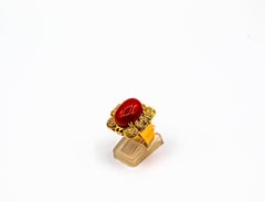 Art Deco Style Mediterranean Red Coral White Diamond Yellow Gold Cocktail Ring