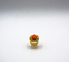 Art Deco Style Mediterranean Red Coral White Diamond Yellow Gold Cocktail Ring