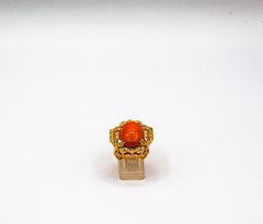 Art Deco Style Mediterranean Red Coral White Diamond Yellow Gold Cocktail Ring