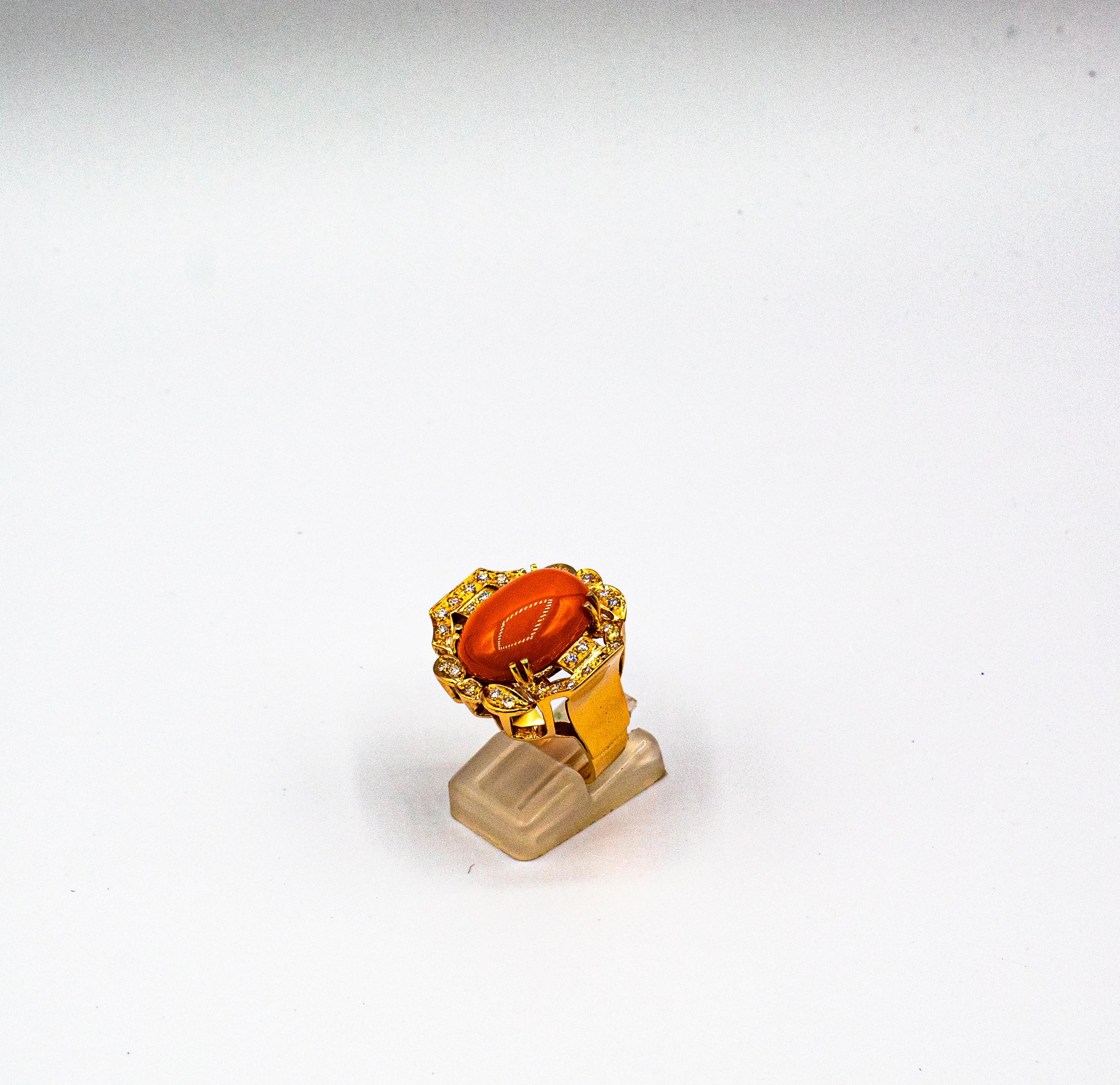 Brilliant Cut Art Deco Style Mediterranean Red Coral White Diamond Yellow Gold Cocktail Ring For Sale