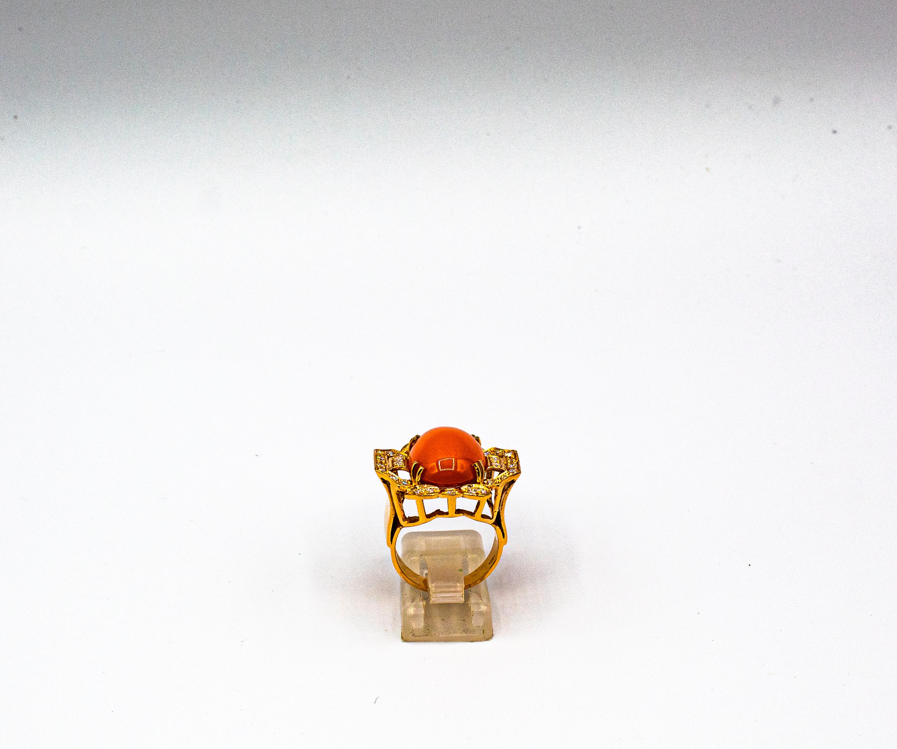 Art Deco Style Mediterranean Red Coral White Diamond Yellow Gold Cocktail Ring In New Condition For Sale In Naples, IT
