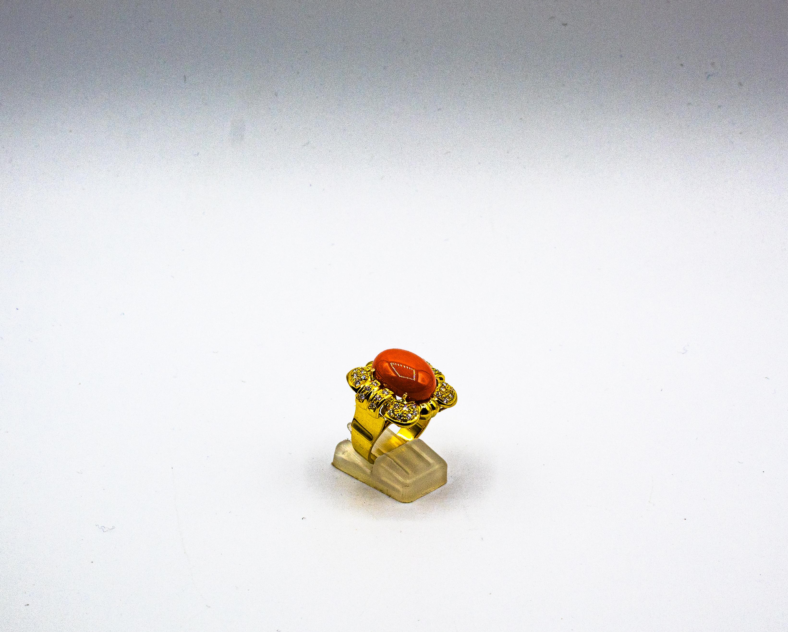 Art Deco Style Mediterranean Red Coral White Diamond Yellow Gold Cocktail Ring In New Condition For Sale In Naples, IT