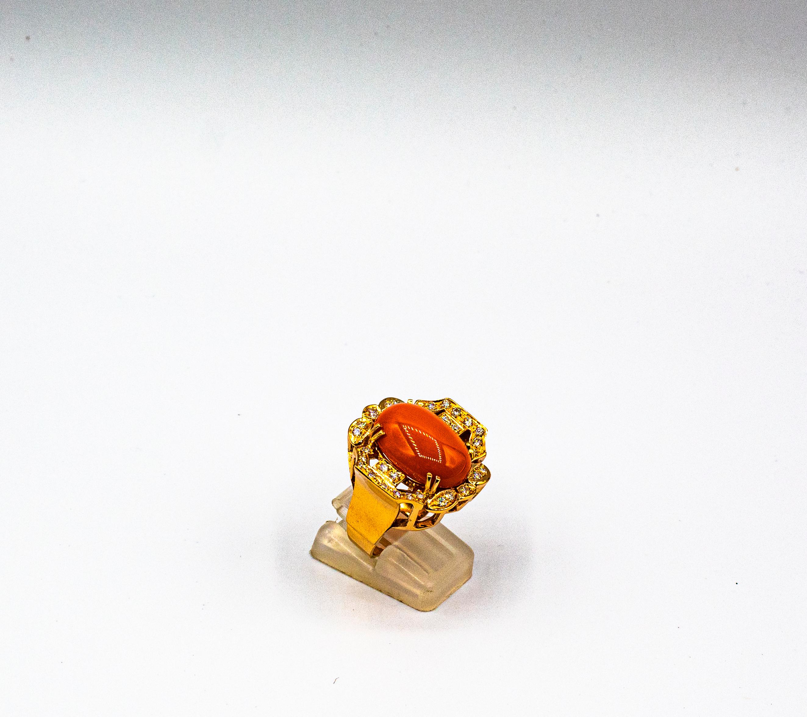 Women's or Men's Art Deco Style Mediterranean Red Coral White Diamond Yellow Gold Cocktail Ring For Sale