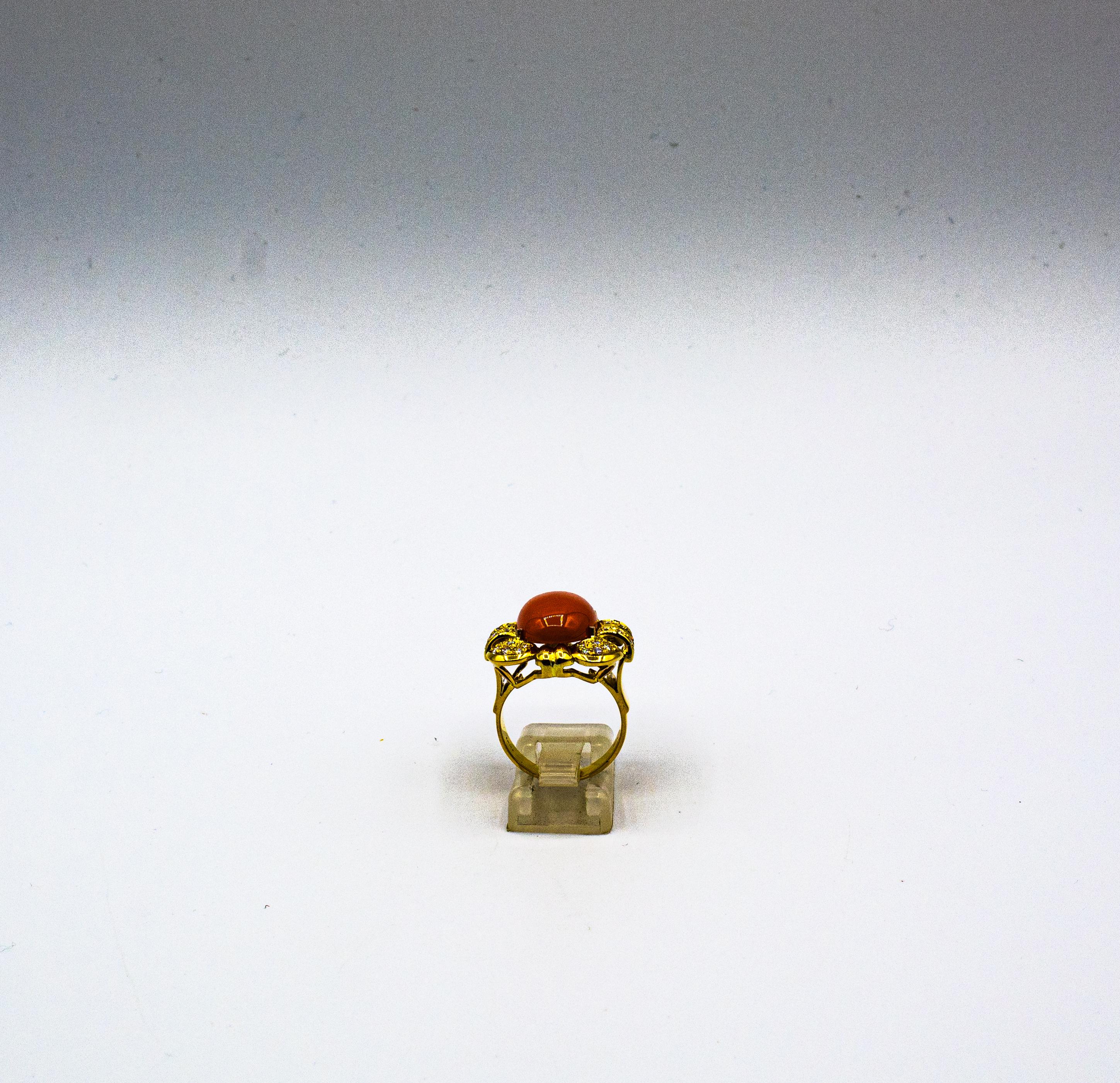 Art Deco Style Mediterranean Red Coral White Diamond Yellow Gold Cocktail Ring For Sale 2