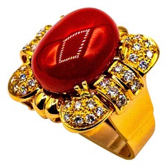 Art Deco Style Mediterranean Red Coral White Diamond Yellow Gold Cocktail Ring
