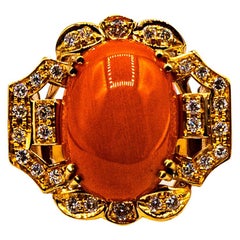 Art Deco Style Mediterranean Red Coral White Diamond Yellow Gold Cocktail Ring