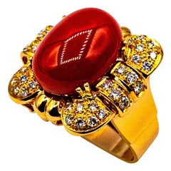 Art Deco Style Mediterranean Red Coral White Diamond Yellow Gold Cocktail Ring