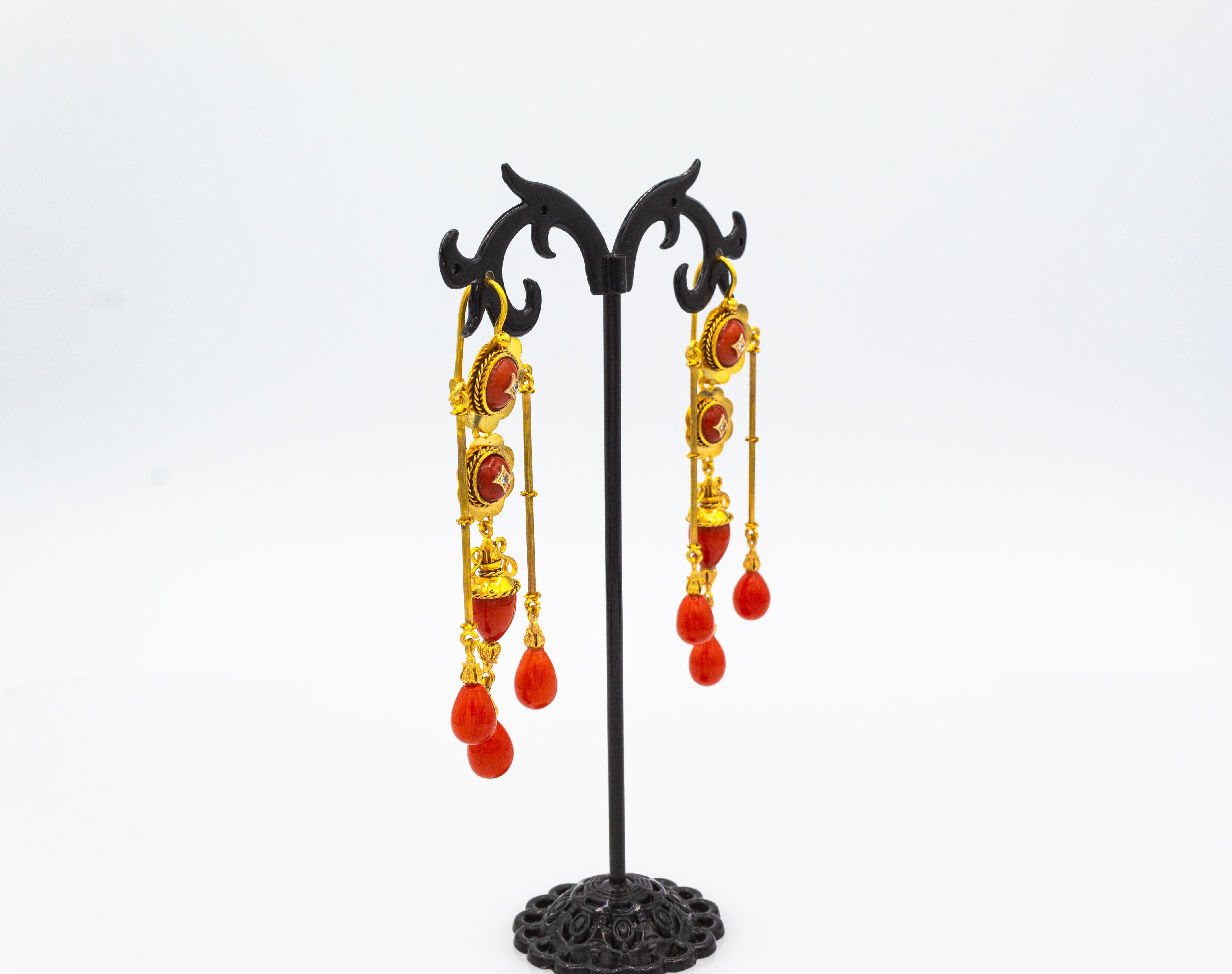 Round Cut Art Deco Style Mediterranean Red Coral White Diamond Yellow Gold Drop Earrings For Sale