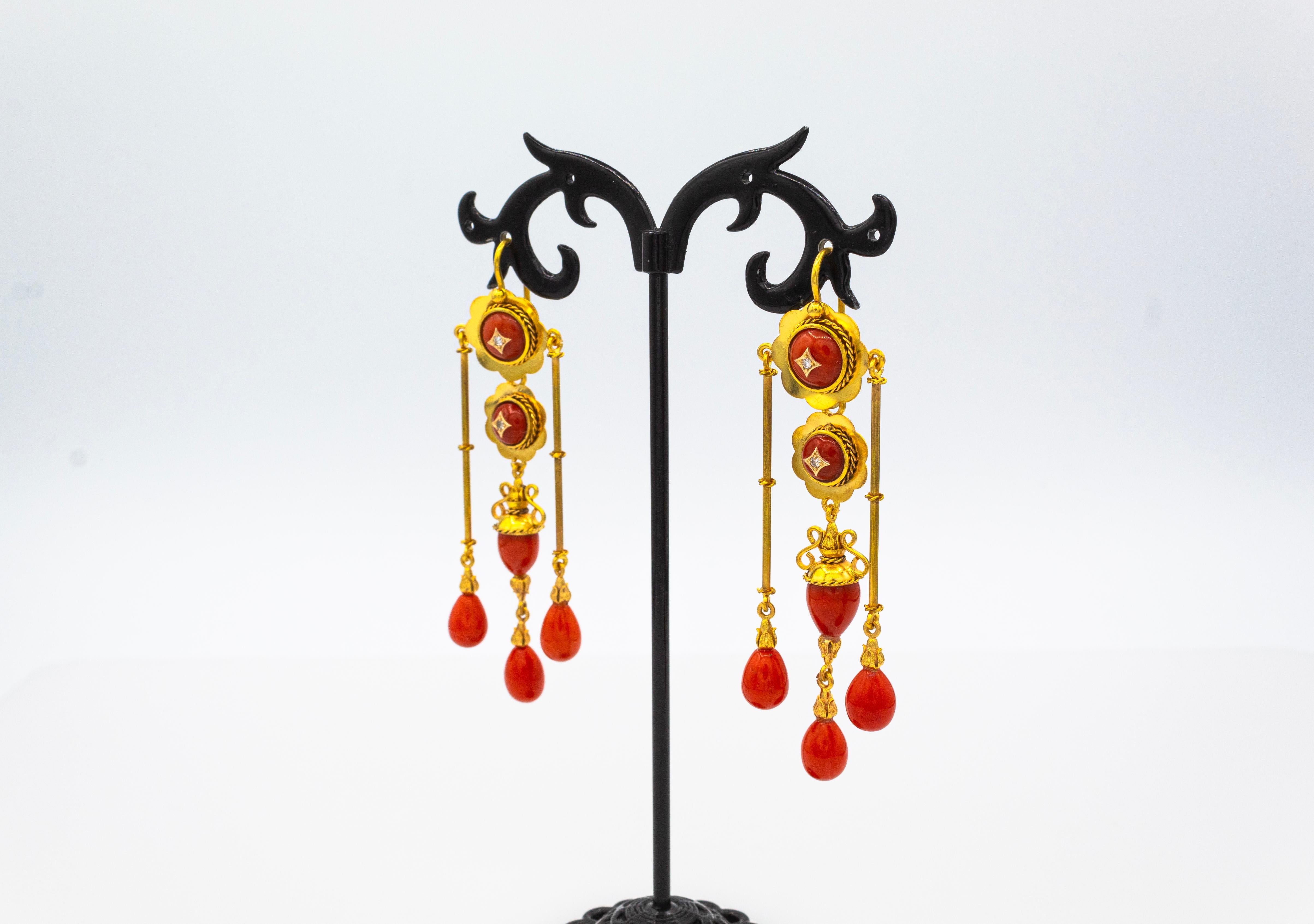 Women's or Men's Art Deco Style Mediterranean Red Coral White Diamond Yellow Gold Drop Earrings For Sale