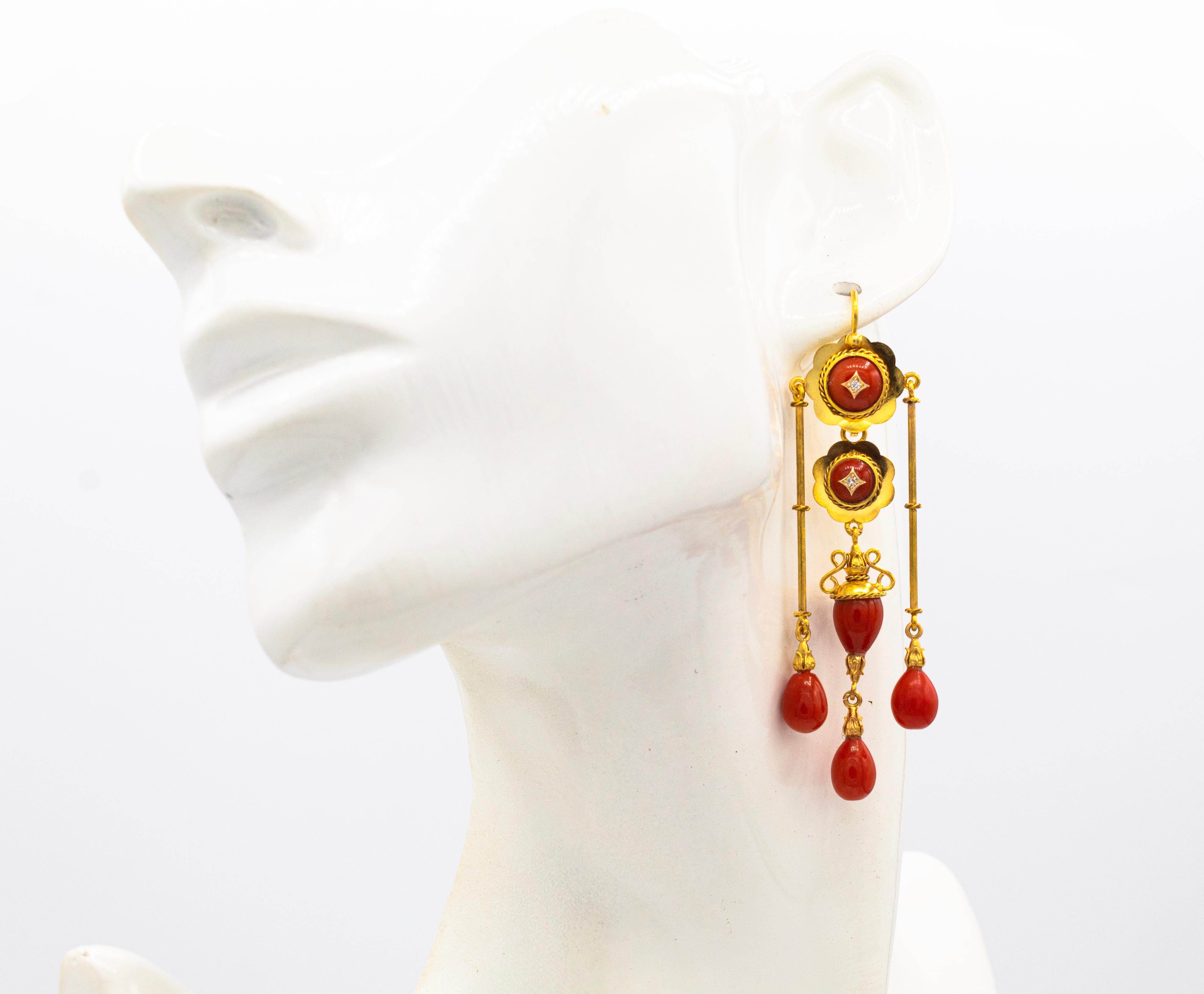 Art Deco Style Mediterranean Red Coral White Diamond Yellow Gold Drop Earrings For Sale 1