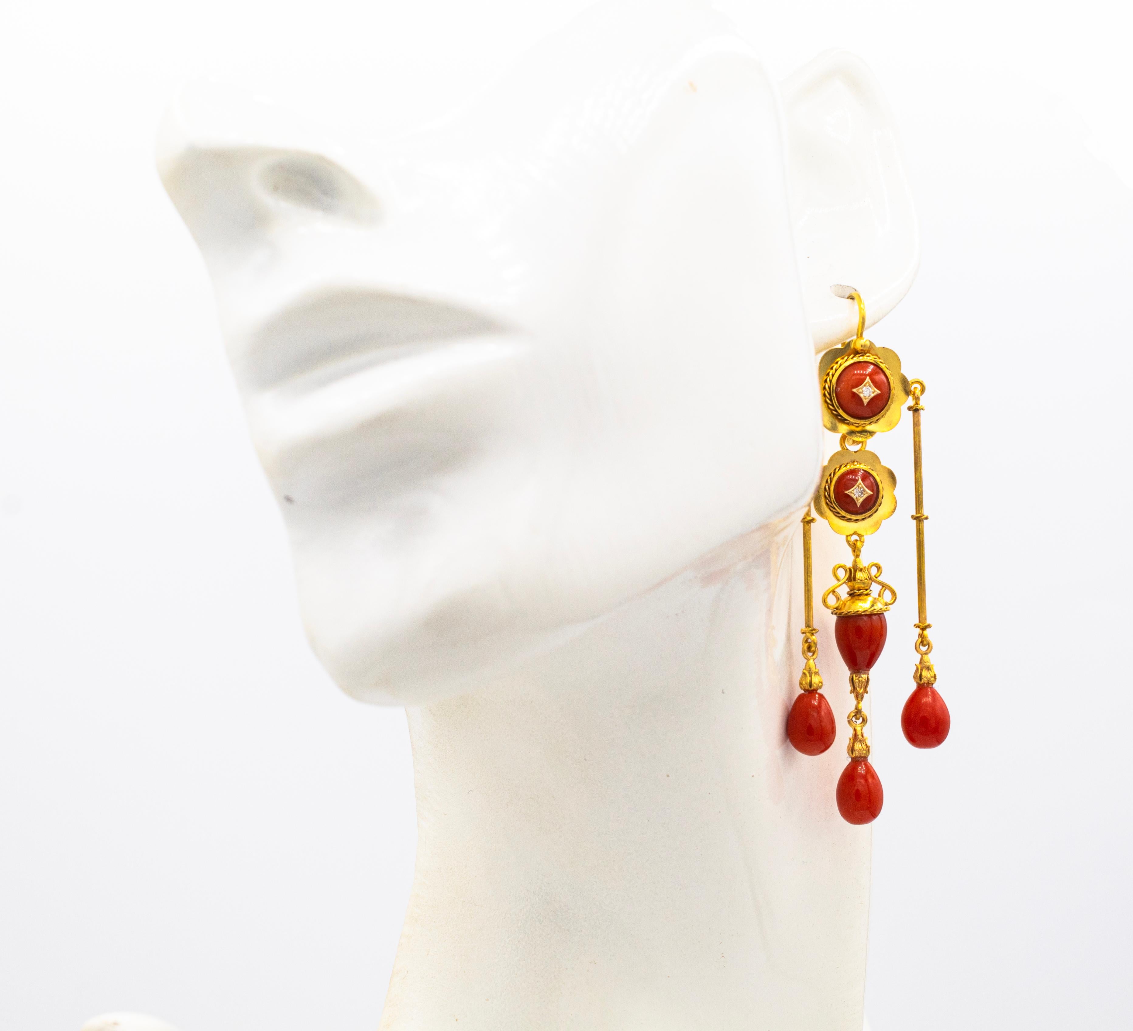 Art Deco Style Mediterranean Red Coral White Diamond Yellow Gold Drop Earrings For Sale 2
