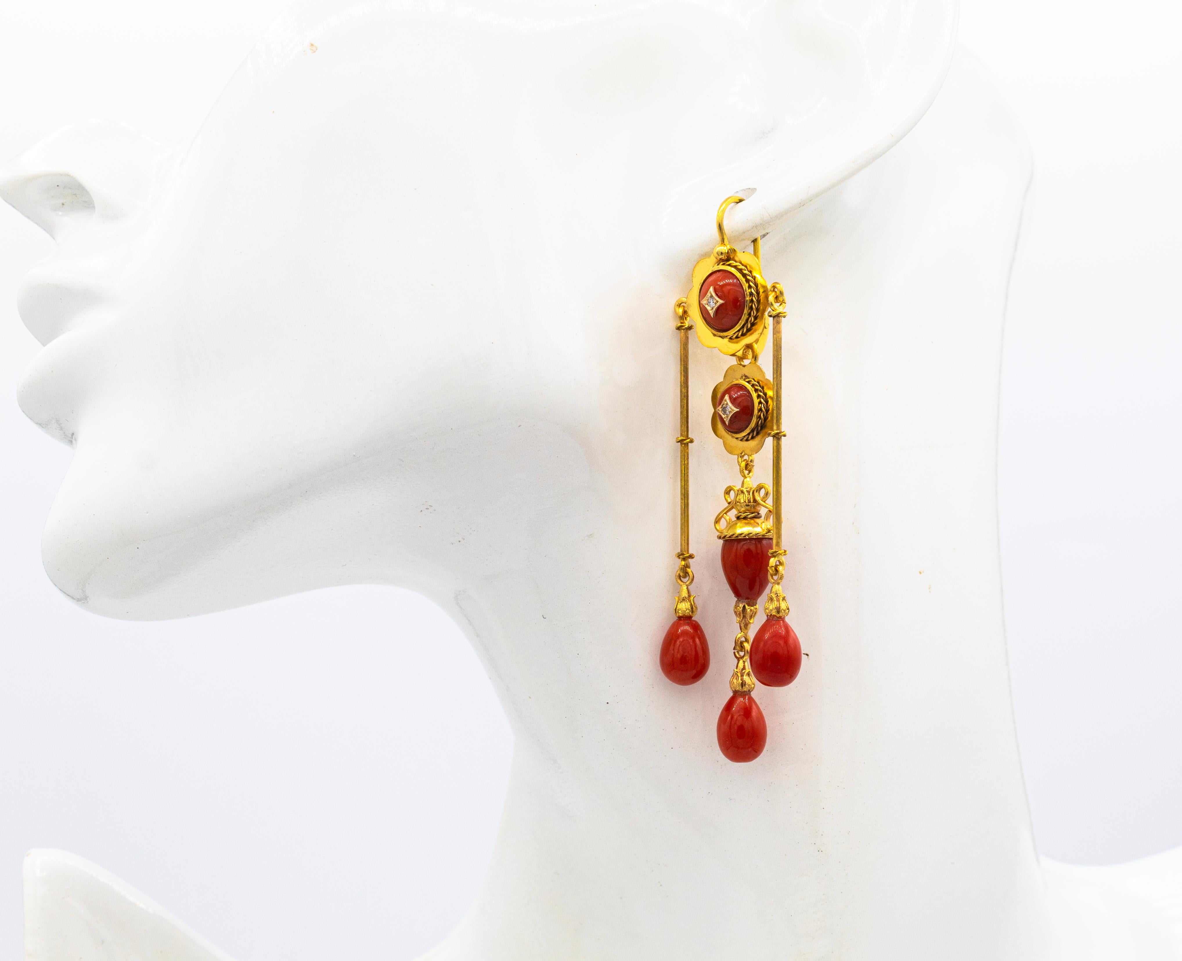 Art Deco Style Mediterranean Red Coral White Diamond Yellow Gold Drop Earrings For Sale 3