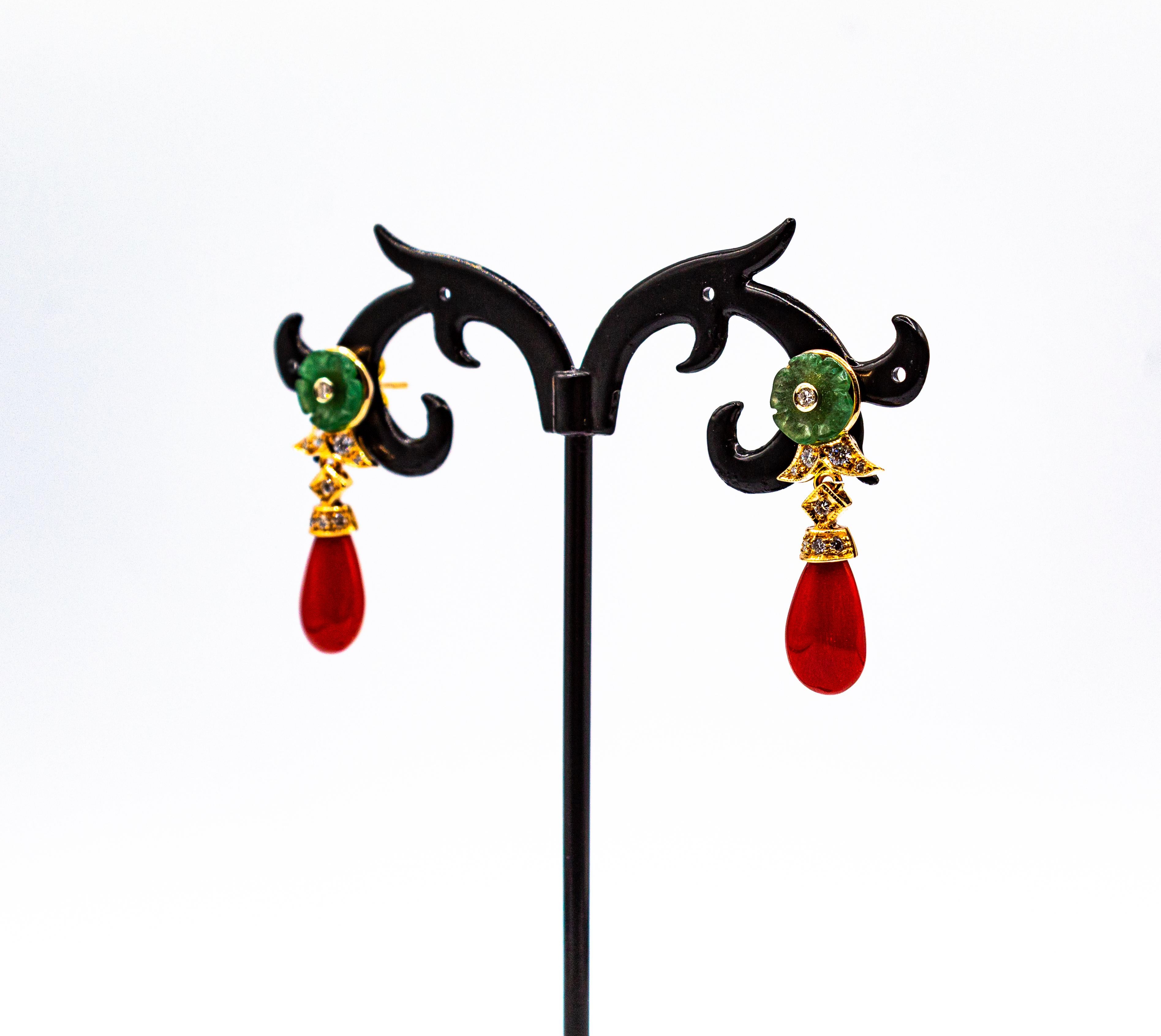 Art Deco Style Mediterranean Red Coral White Diamond Yellow Gold Stud Earrings For Sale 5
