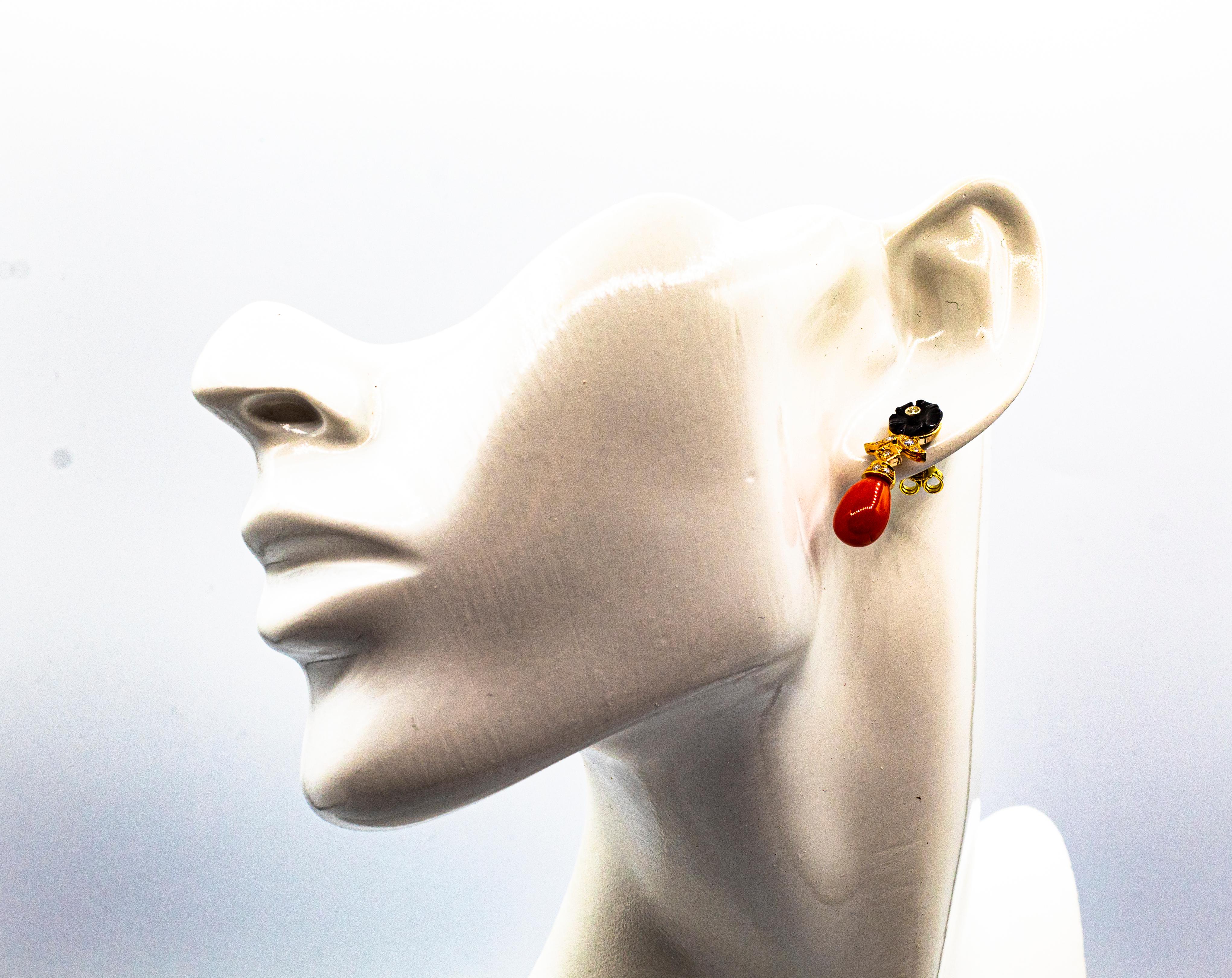 Art Deco Style Mediterranean Red Coral White Diamond Yellow Gold Stud Earrings en venta 4
