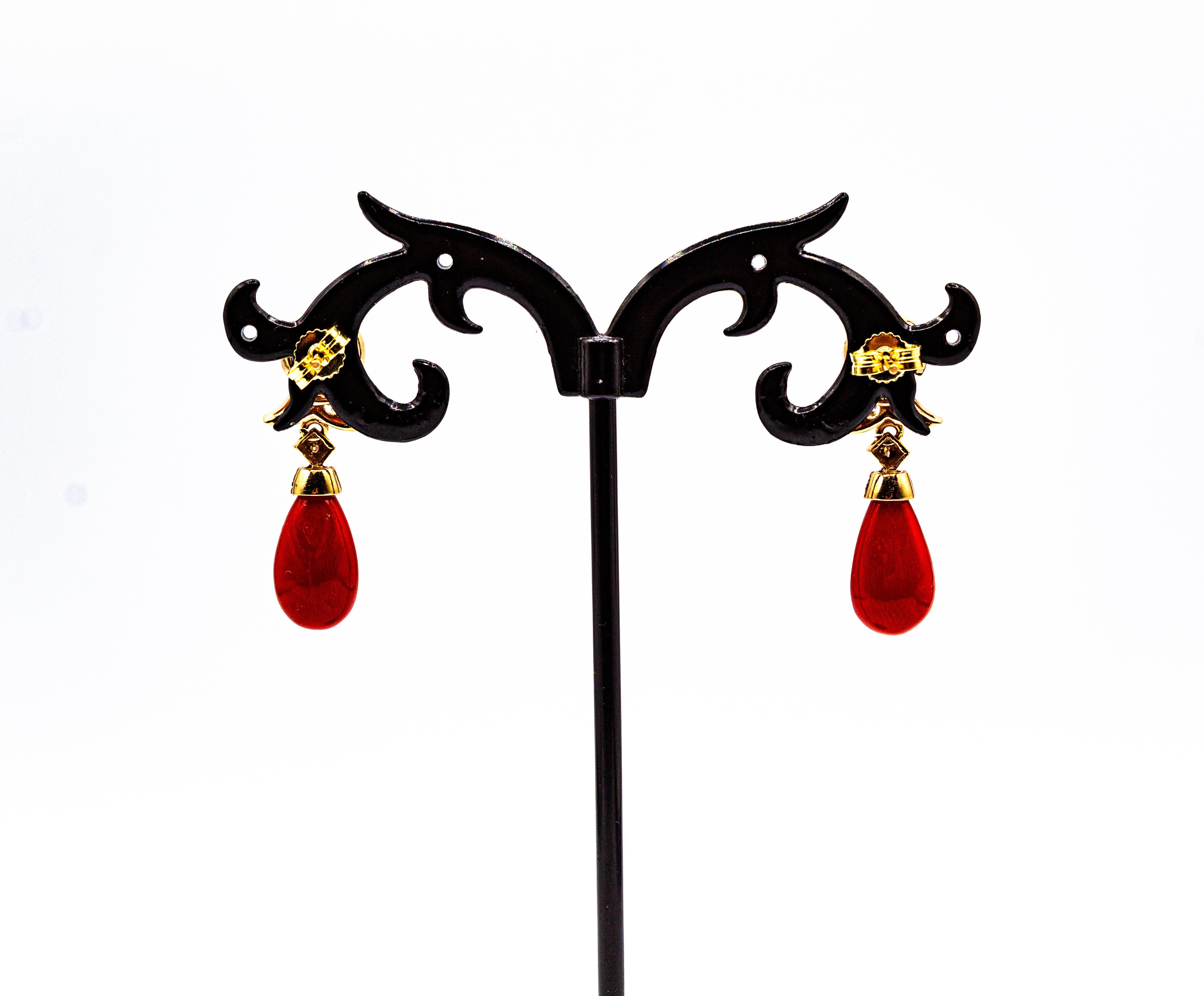 Art Deco Style Mediterranean Red Coral White Diamond Yellow Gold Stud Earrings en venta 4