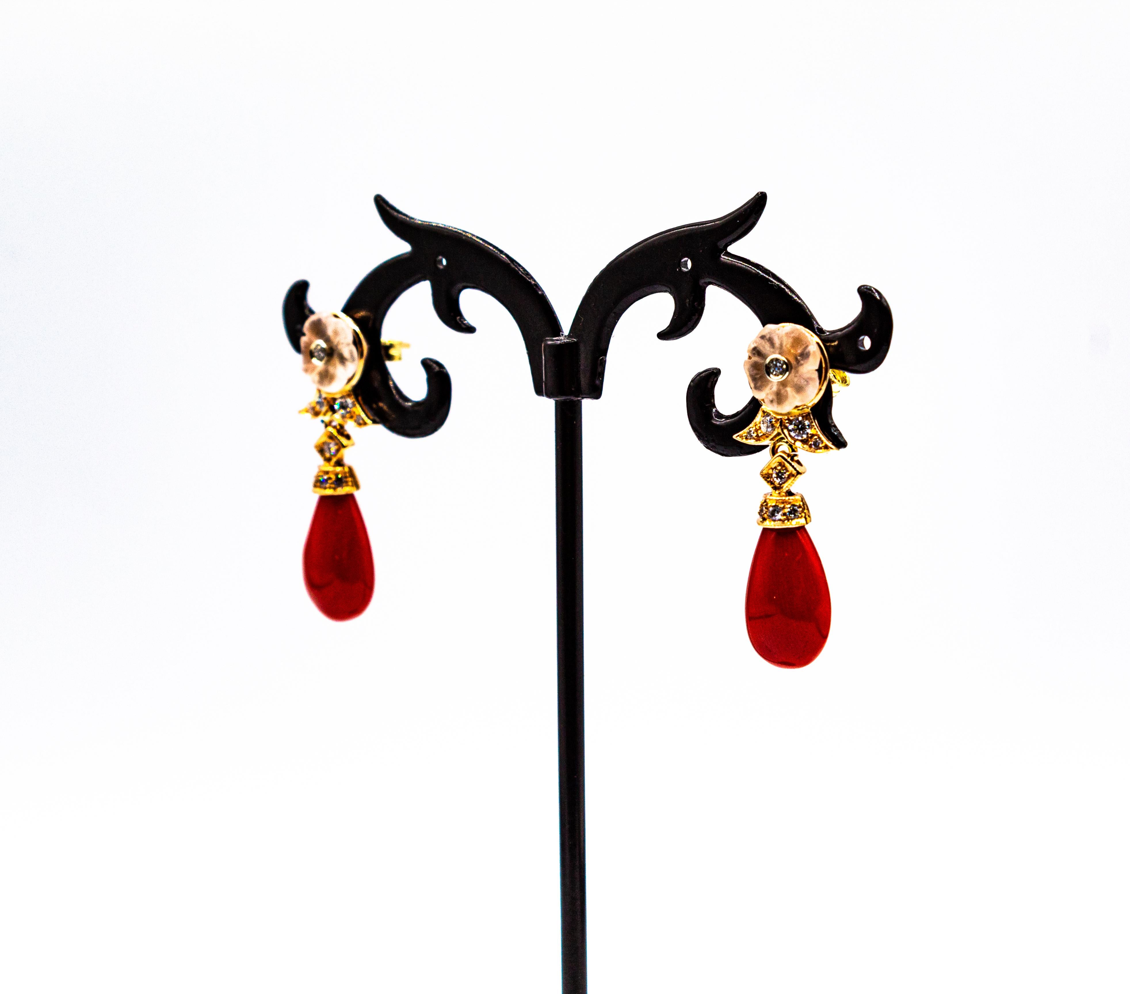 Art Deco Style Mediterranean Red Coral White Diamond Yellow Gold Stud Earrings For Sale 4