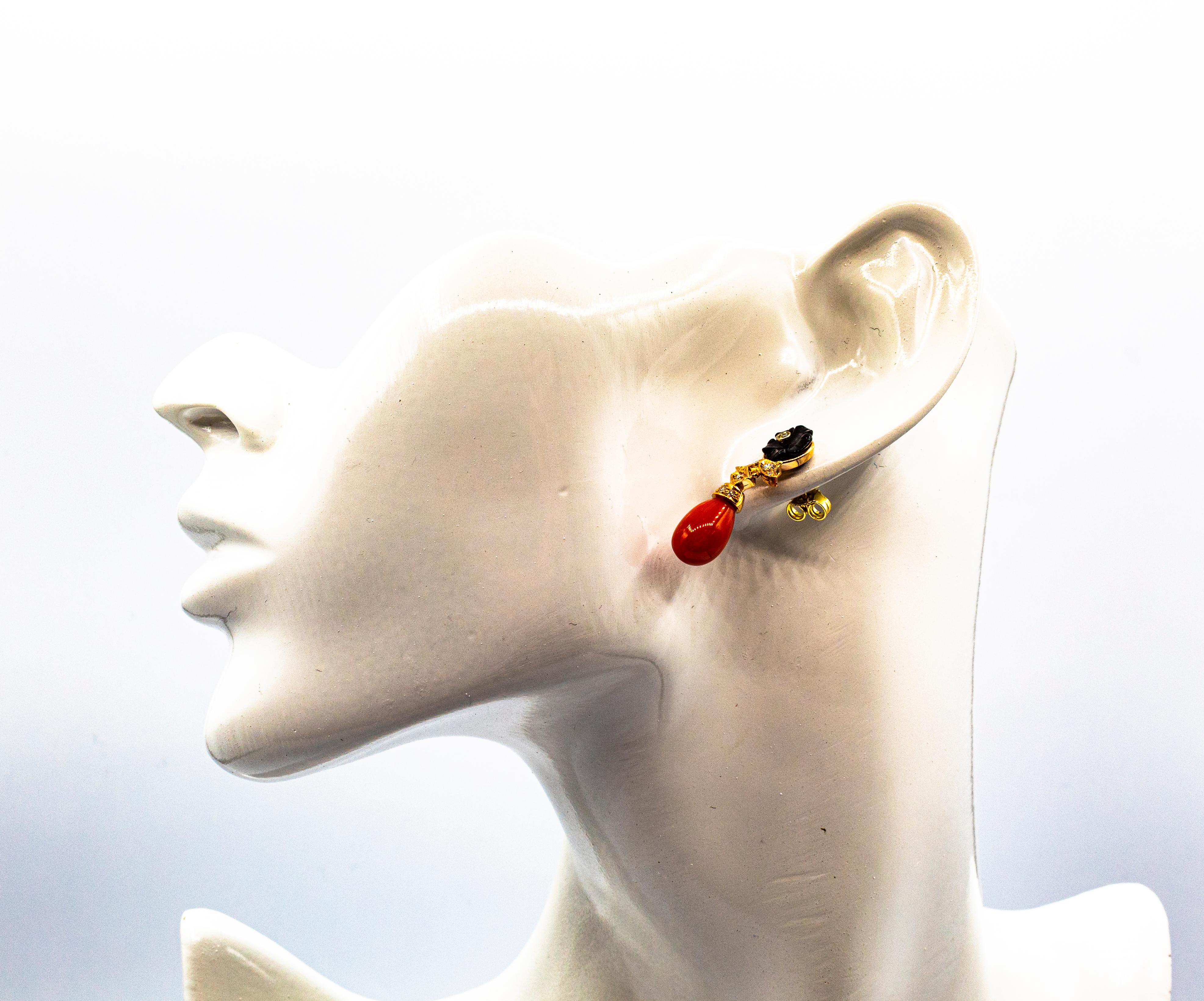Art Deco Style Mediterranean Red Coral White Diamond Yellow Gold Stud Earrings For Sale 6