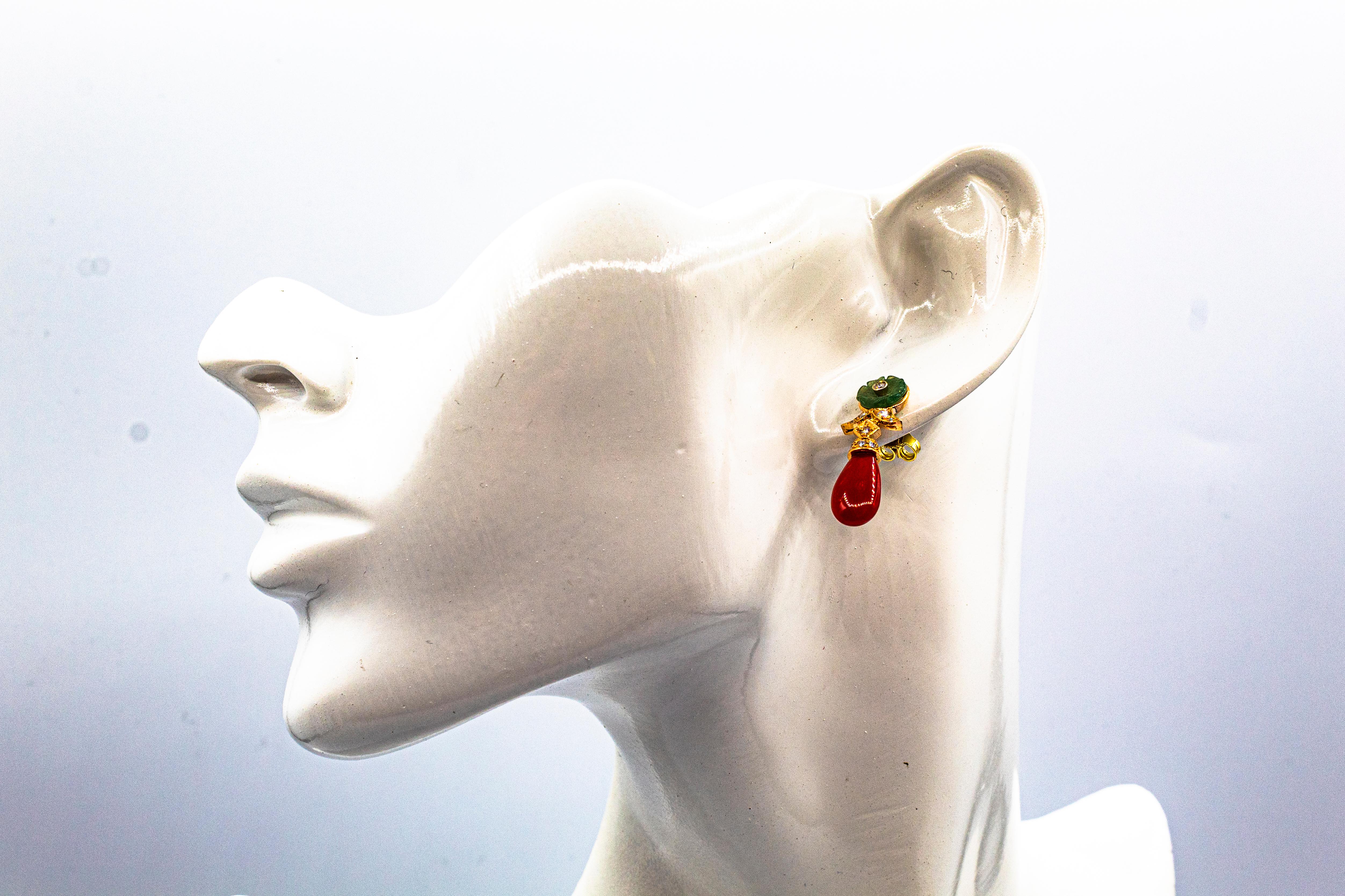 Art Deco Style Mediterranean Red Coral White Diamond Yellow Gold Stud Earrings 6