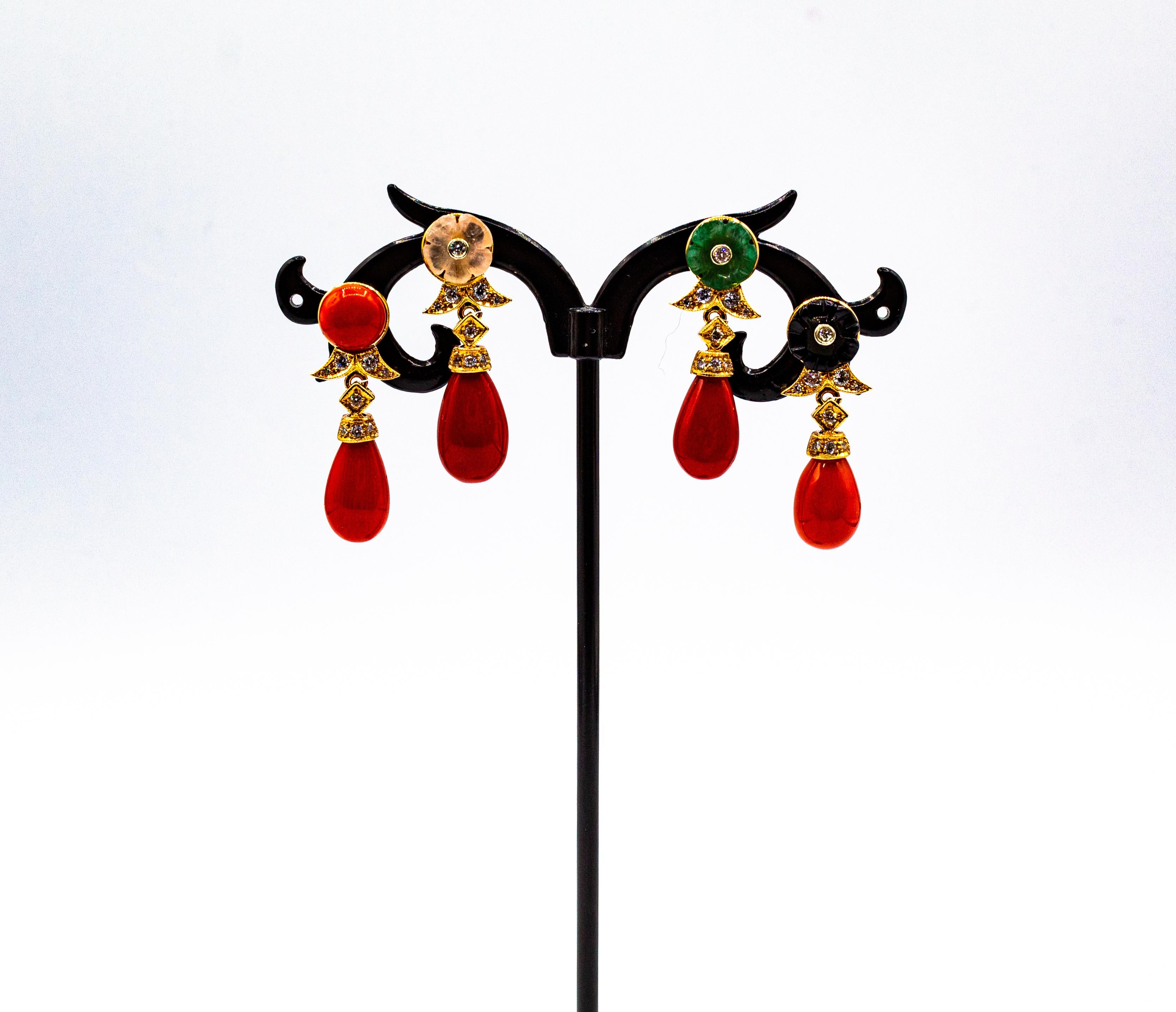 Art Deco Style Mediterranean Red Coral White Diamond Yellow Gold Stud Earrings For Sale 7