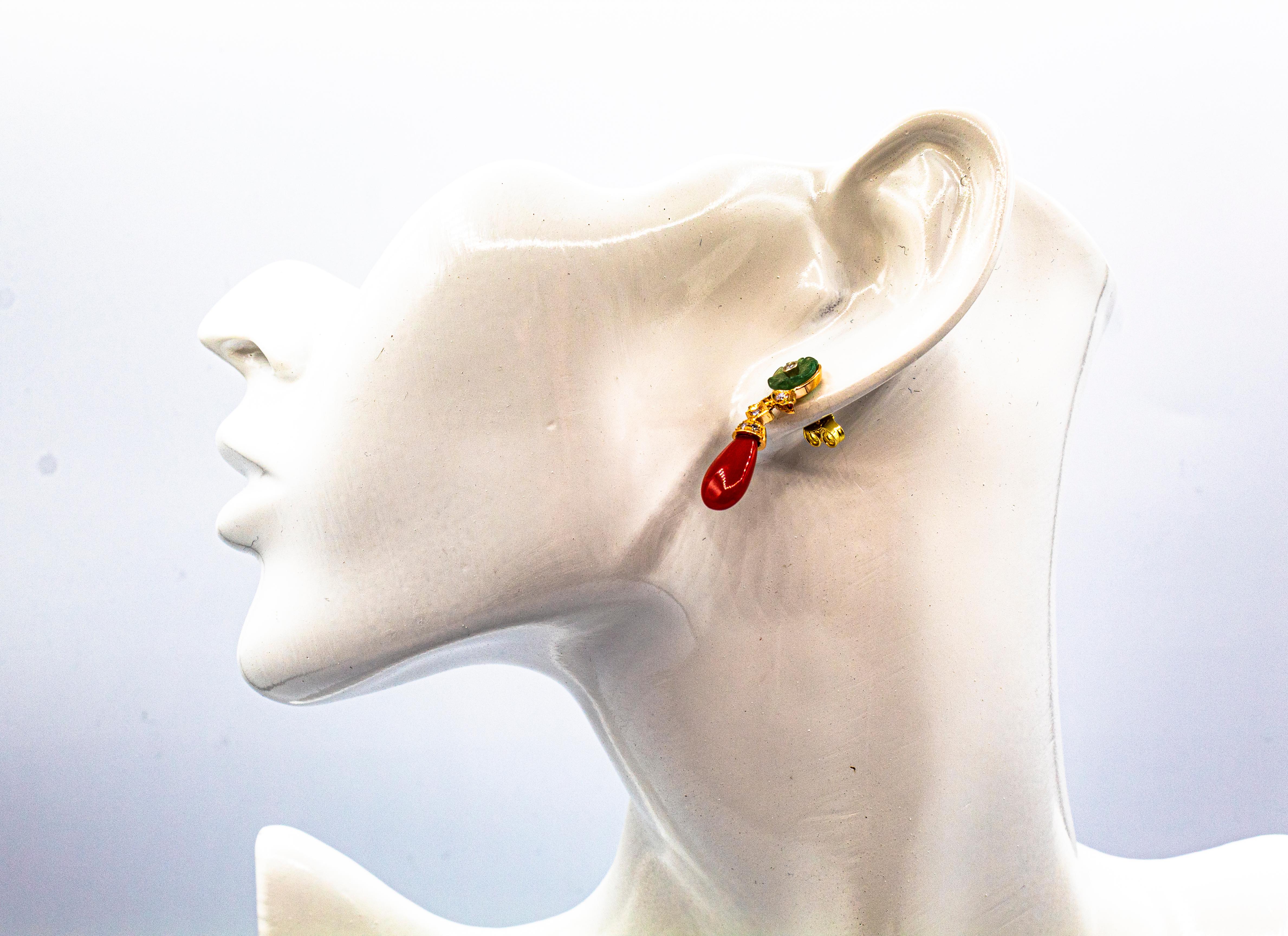 Art Deco Style Mediterranean Red Coral White Diamond Yellow Gold Stud Earrings For Sale 7