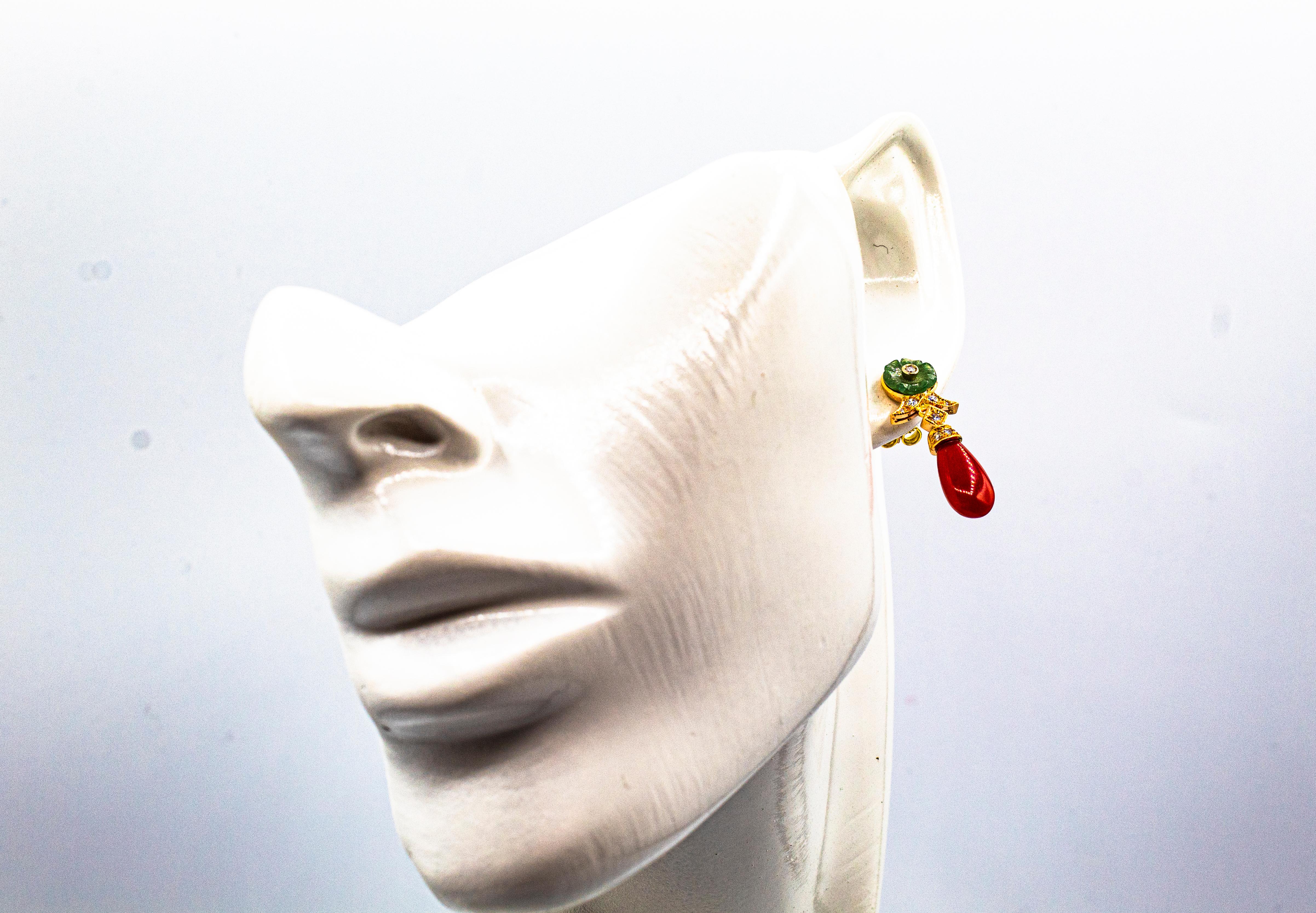 Art Deco Style Mediterranean Red Coral White Diamond Yellow Gold Stud Earrings 8