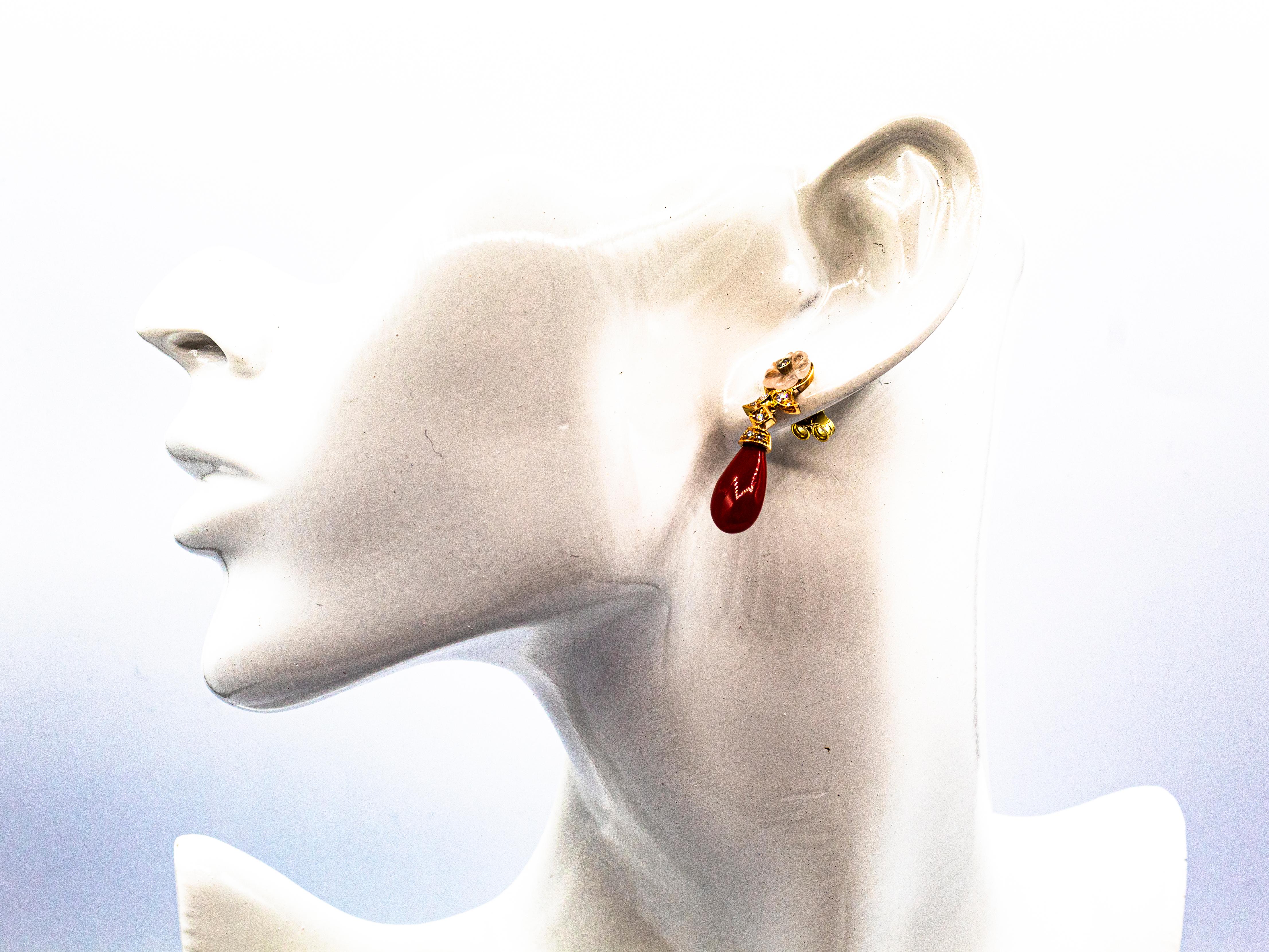 Art Deco Style Mediterranean Red Coral White Diamond Yellow Gold Stud Earrings en venta 7
