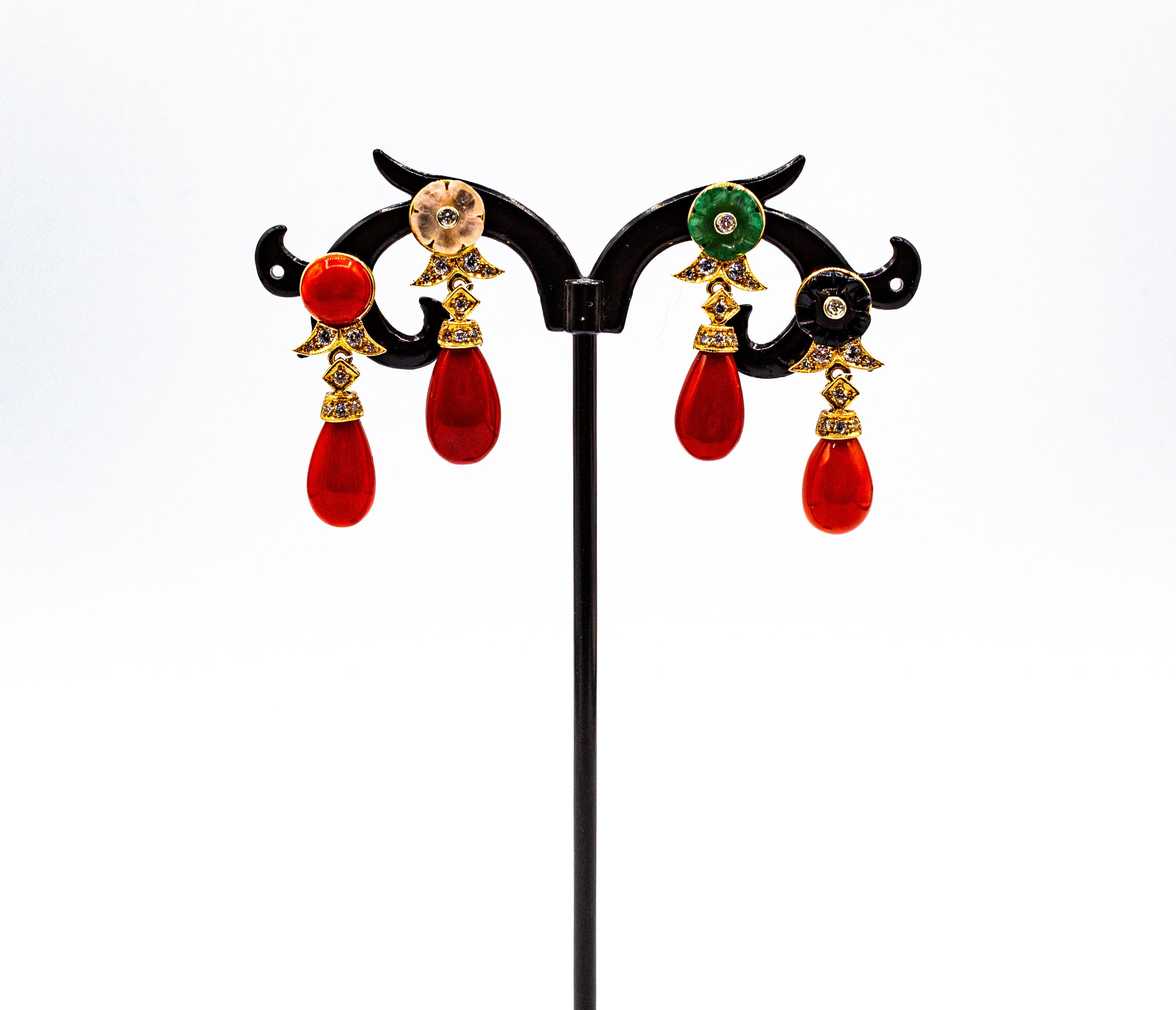 Art Deco Style Mediterranean Red Coral White Diamond Yellow Gold Stud Earrings For Sale 9