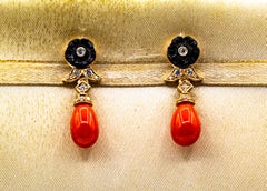 Art Deco Style Mediterranean Red Coral White Diamond Yellow Gold Stud Earrings
