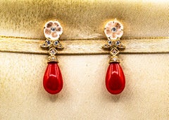 Art Deco Style Mediterranean Red Coral White Diamond Yellow Gold Stud Earrings