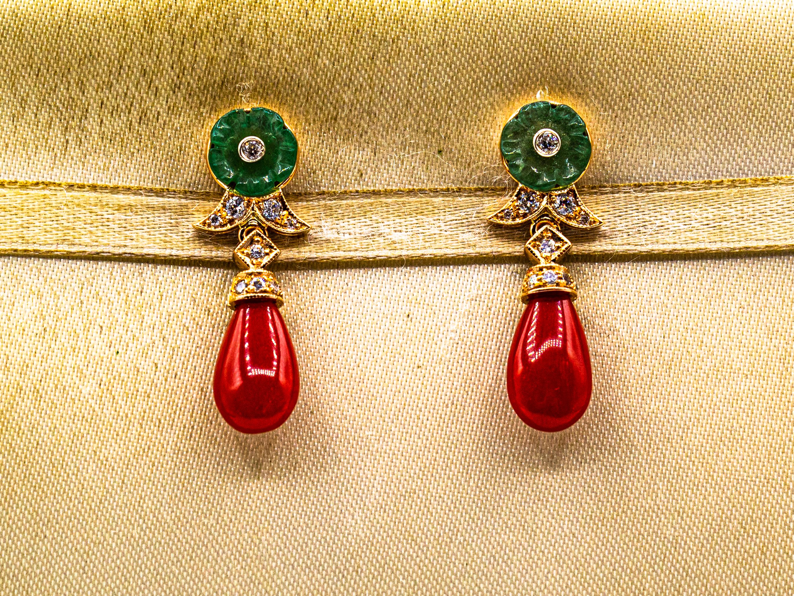 Brilliant Cut Art Deco Style Mediterranean Red Coral White Diamond Yellow Gold Stud Earrings