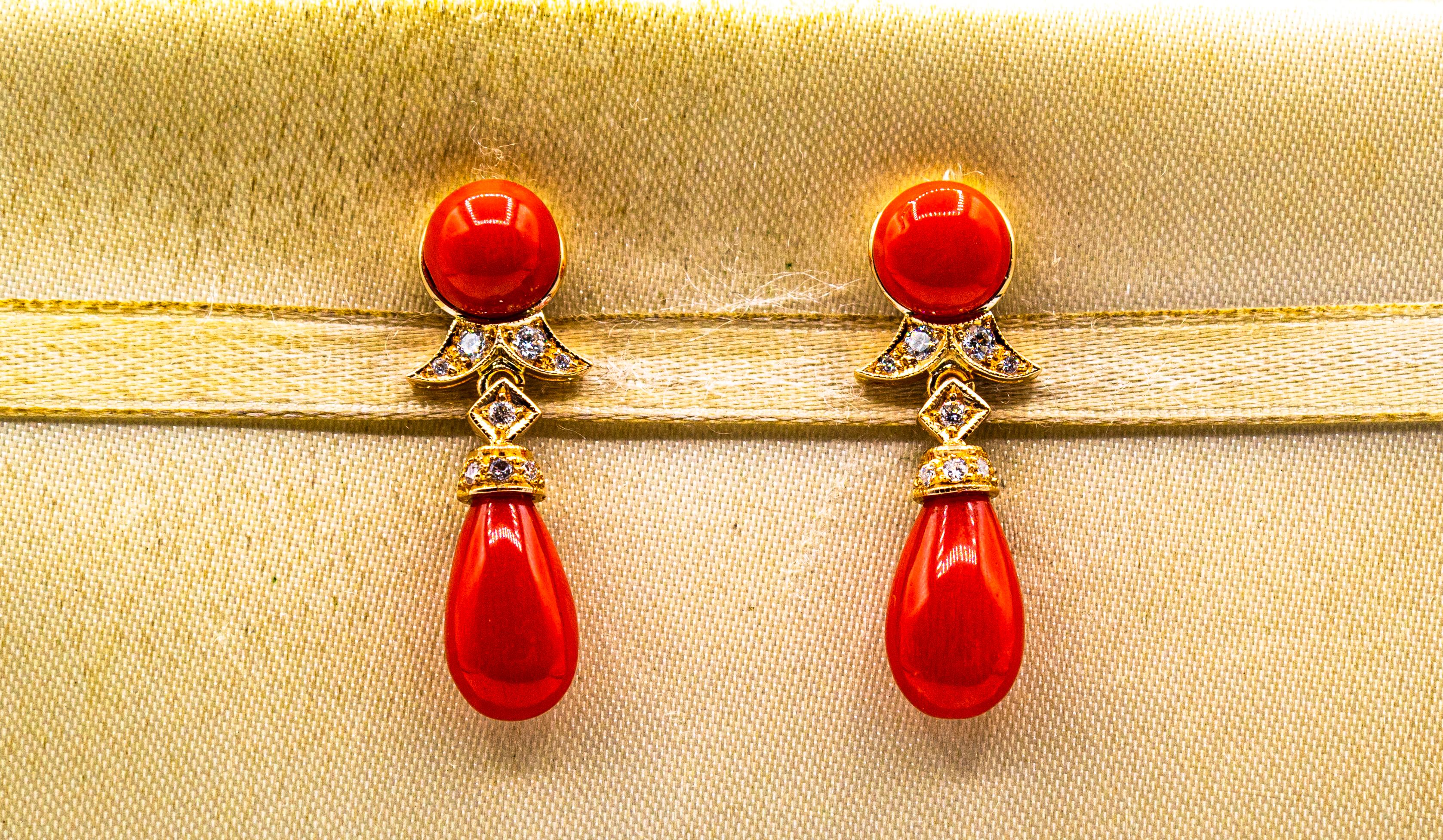 Brilliant Cut Art Deco Style Mediterranean Red Coral White Diamond Yellow Gold Stud Earrings For Sale