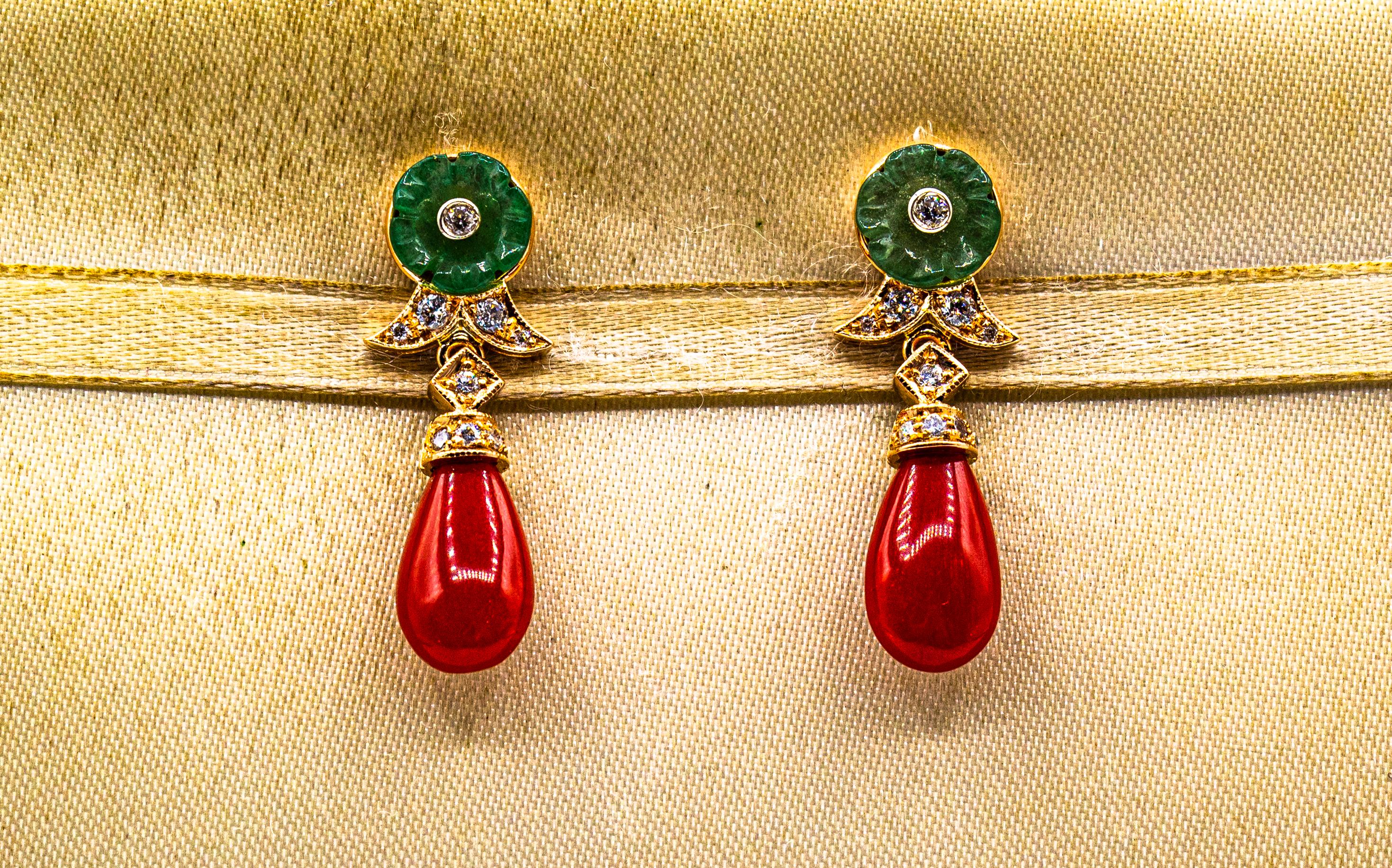 Art Deco Style Mediterranean Red Coral White Diamond Yellow Gold Stud Earrings In New Condition In Naples, IT