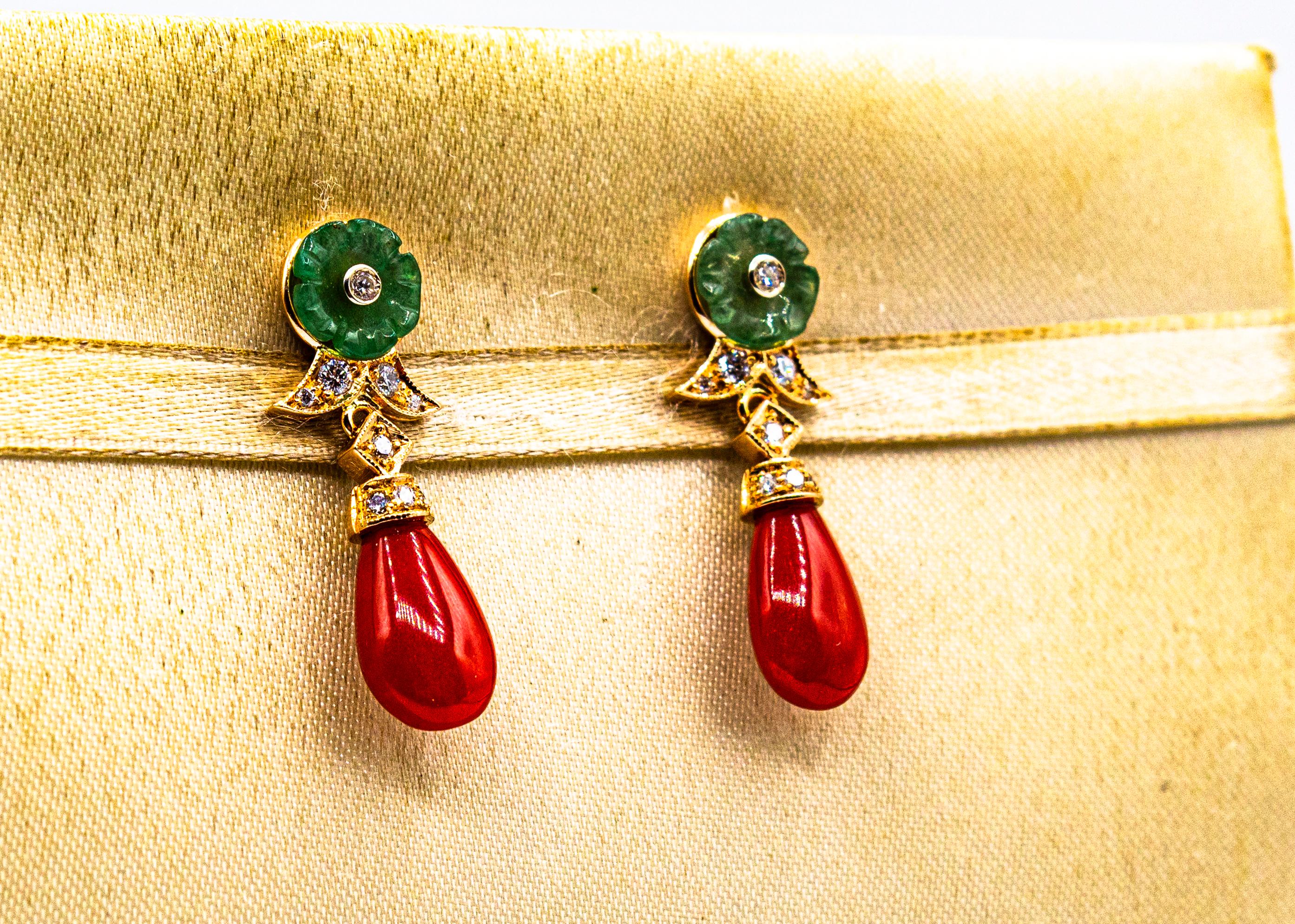 Women's or Men's Art Deco Style Mediterranean Red Coral White Diamond Yellow Gold Stud Earrings