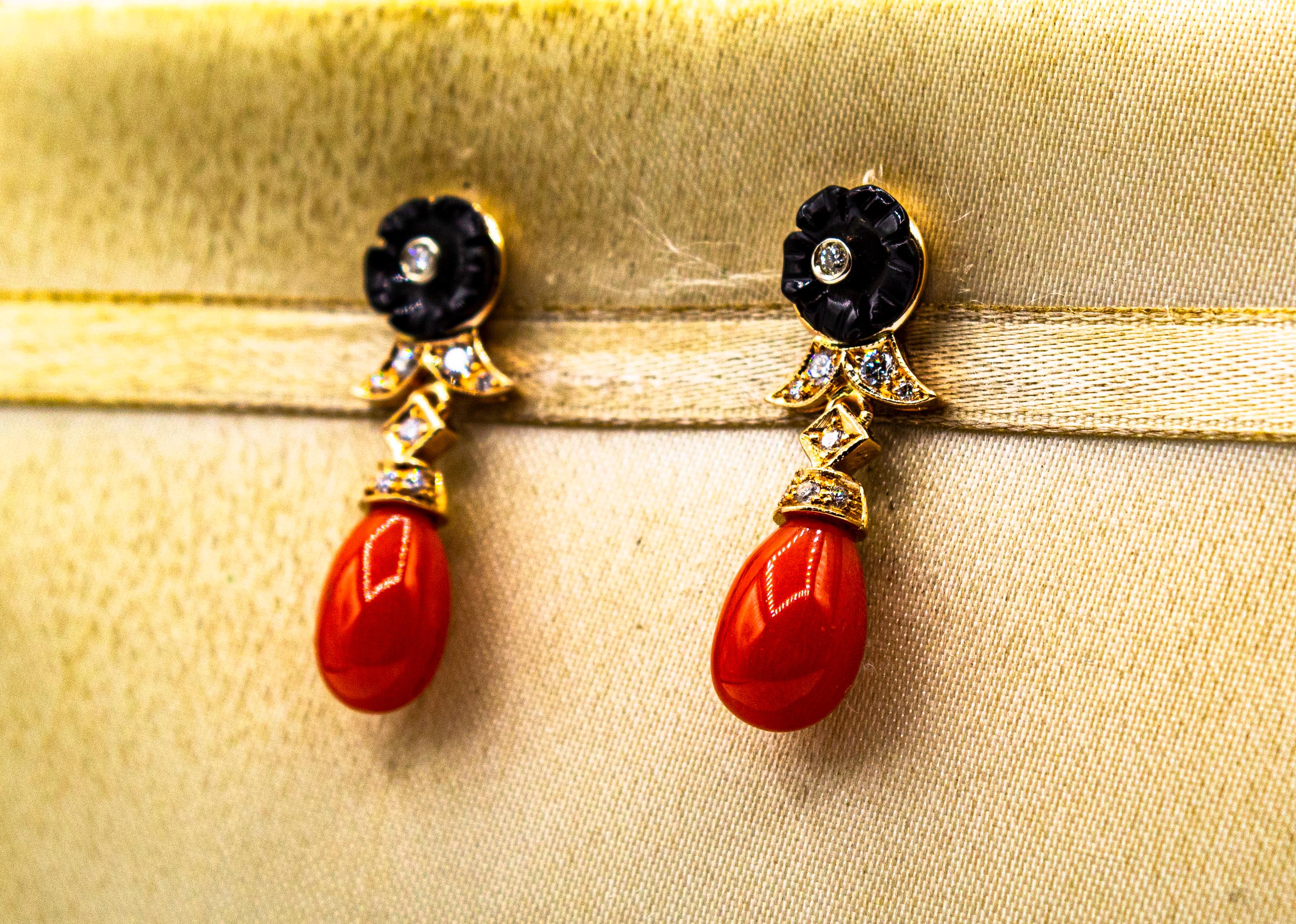 Women's or Men's Art Deco Style Mediterranean Red Coral White Diamond Yellow Gold Stud Earrings For Sale