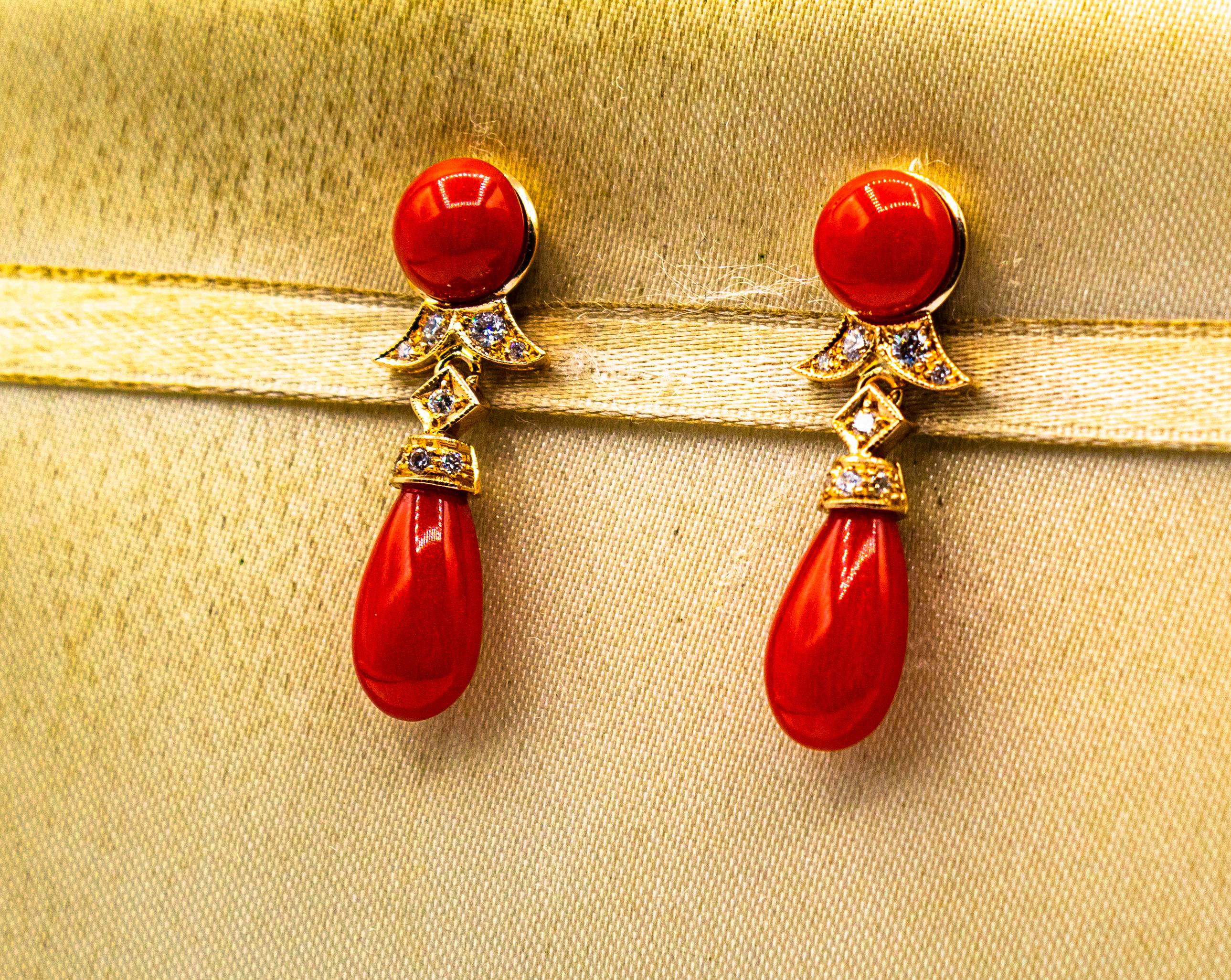 Women's or Men's Art Deco Style Mediterranean Red Coral White Diamond Yellow Gold Stud Earrings For Sale