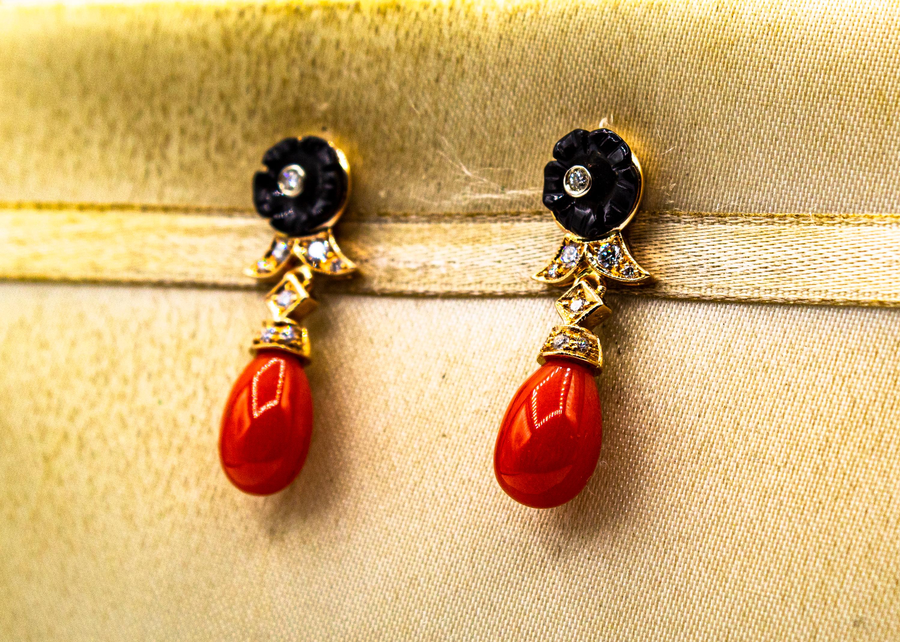Art Deco Style Mediterranean Red Coral White Diamond Yellow Gold Stud Earrings en Nuevo estado para la venta en Naples, IT