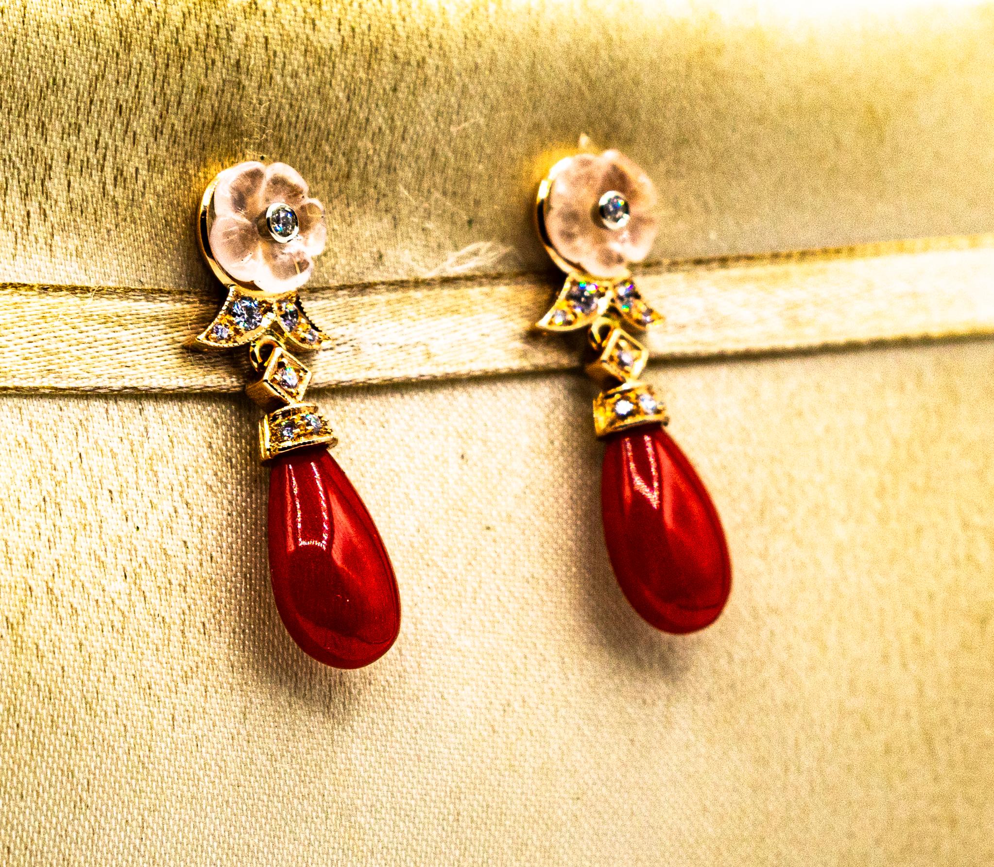 Art Deco Style Mediterranean Red Coral White Diamond Yellow Gold Stud Earrings en Nuevo estado para la venta en Naples, IT