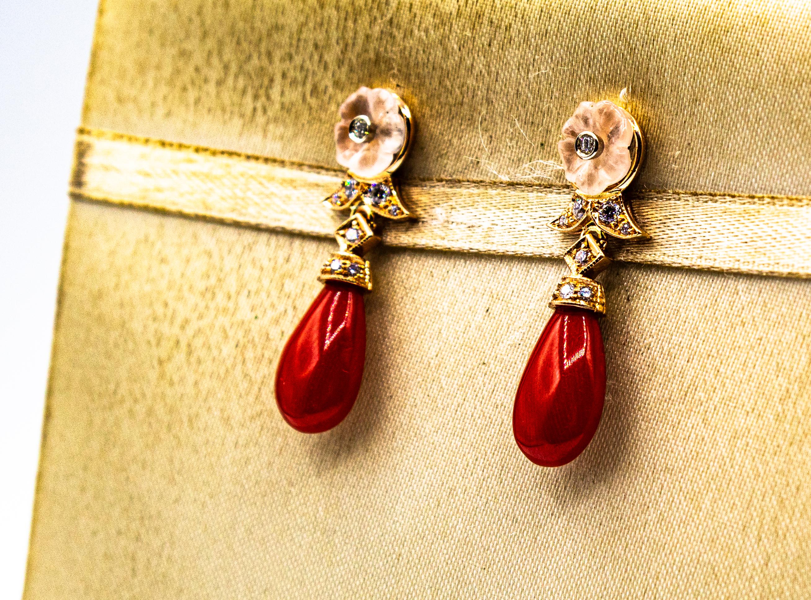 Art Deco Style Mediterranean Red Coral White Diamond Yellow Gold Stud Earrings In New Condition For Sale In Naples, IT