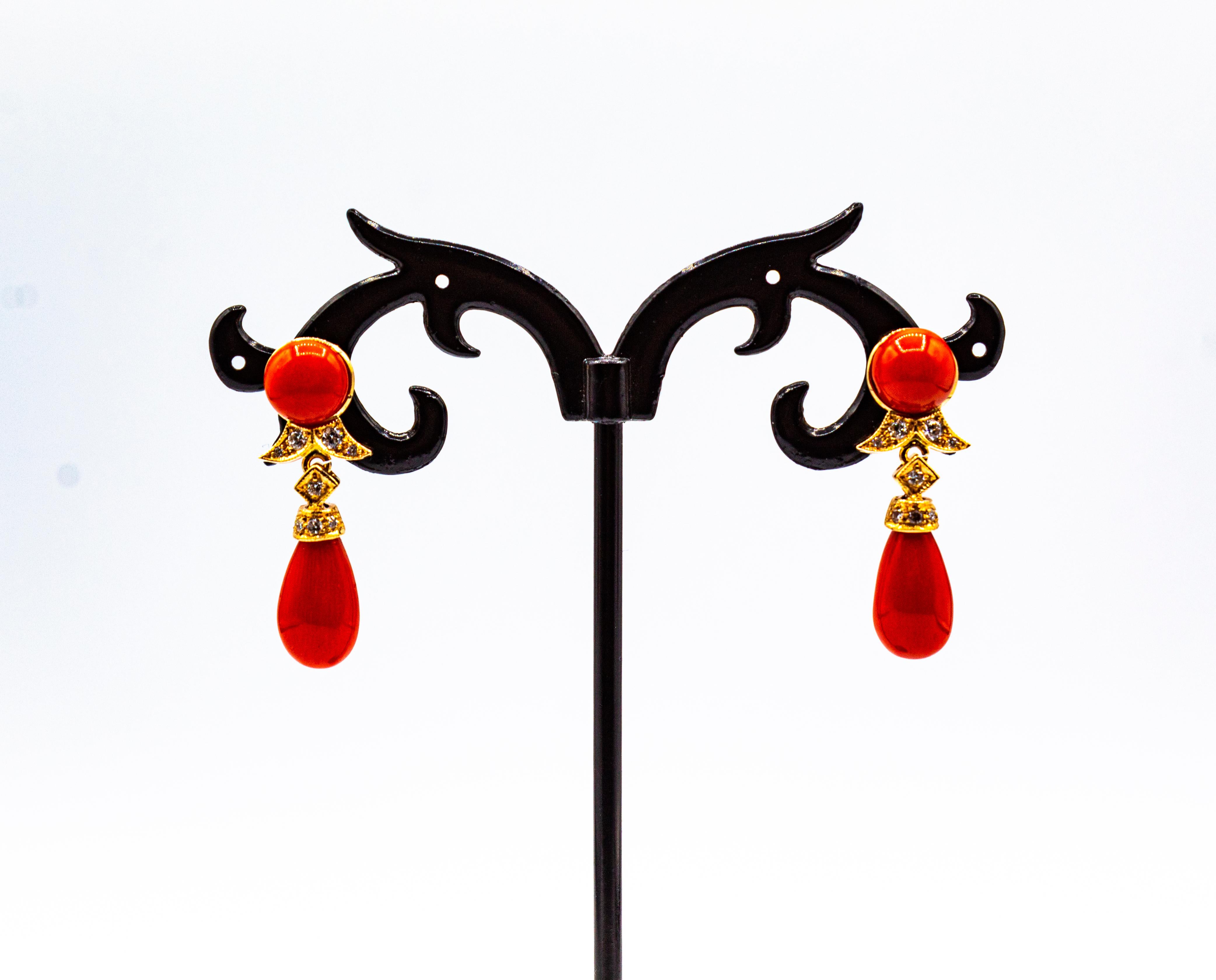 Art Deco Style Mediterranean Red Coral White Diamond Yellow Gold Stud Earrings 1