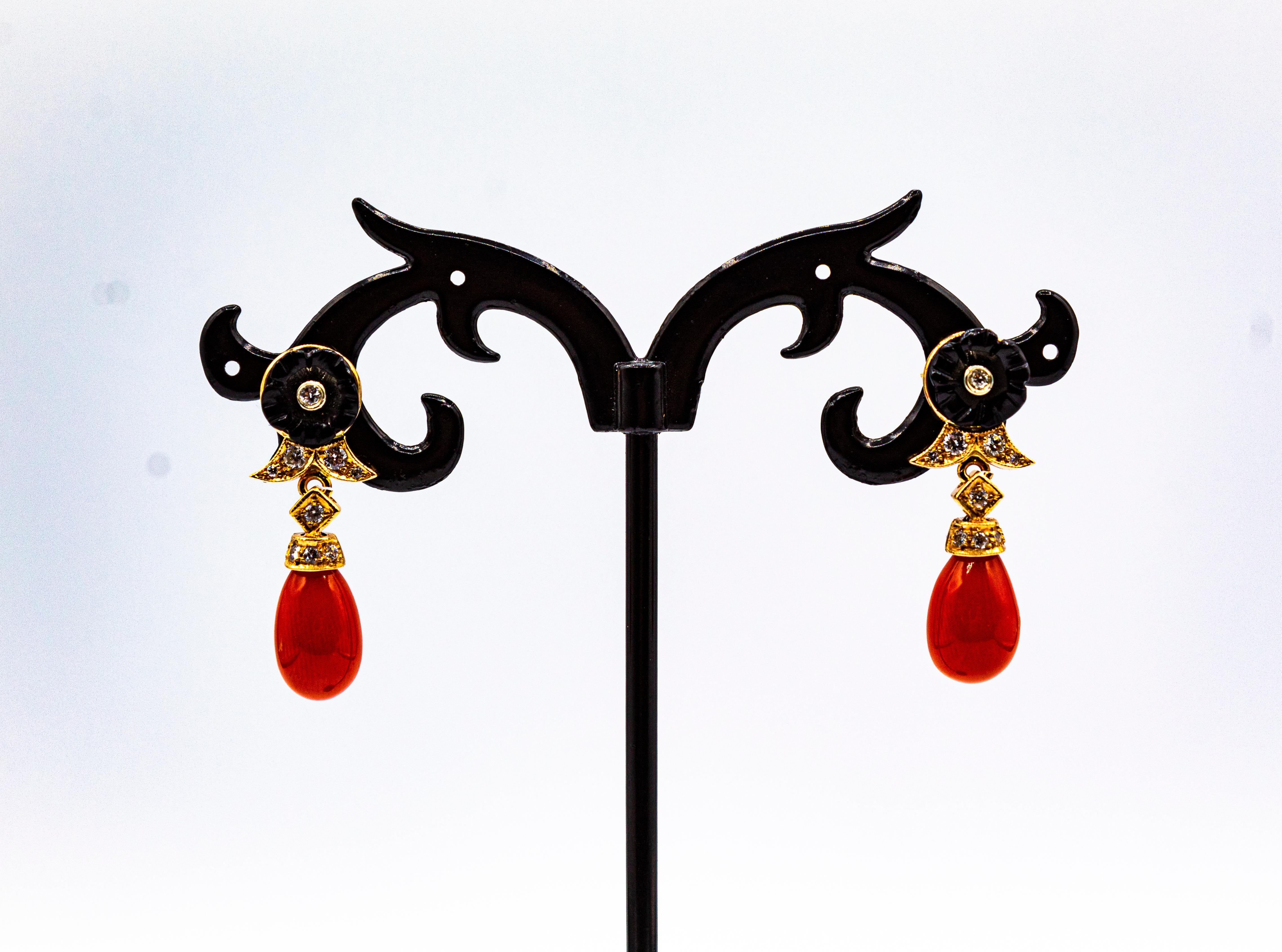 Art Deco Style Mediterranean Red Coral White Diamond Yellow Gold Stud Earrings For Sale 1
